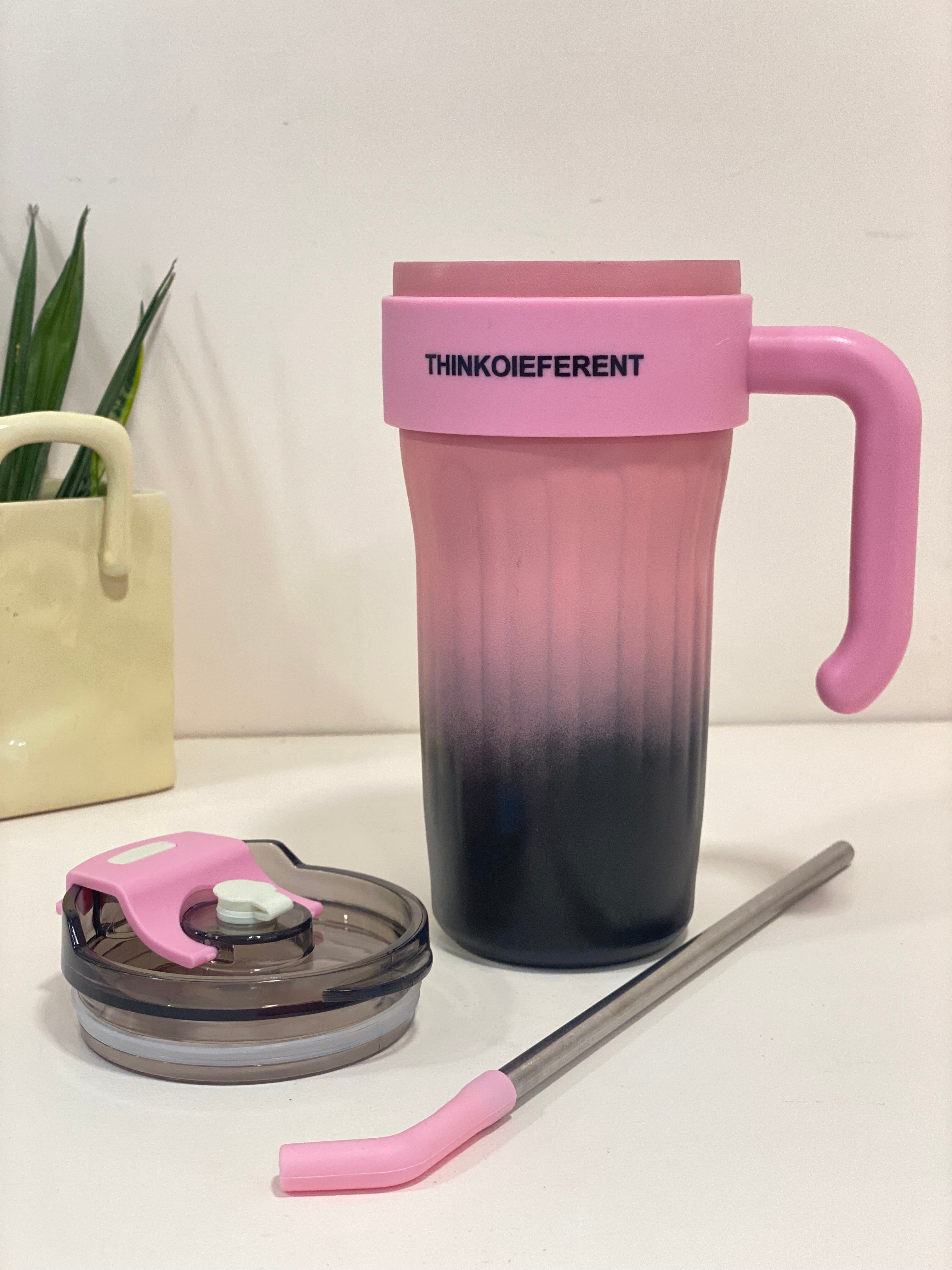 Ribbed 30 oz Insulated Tumbler with Handle & Metal Straw – Leakproof Travel Mug