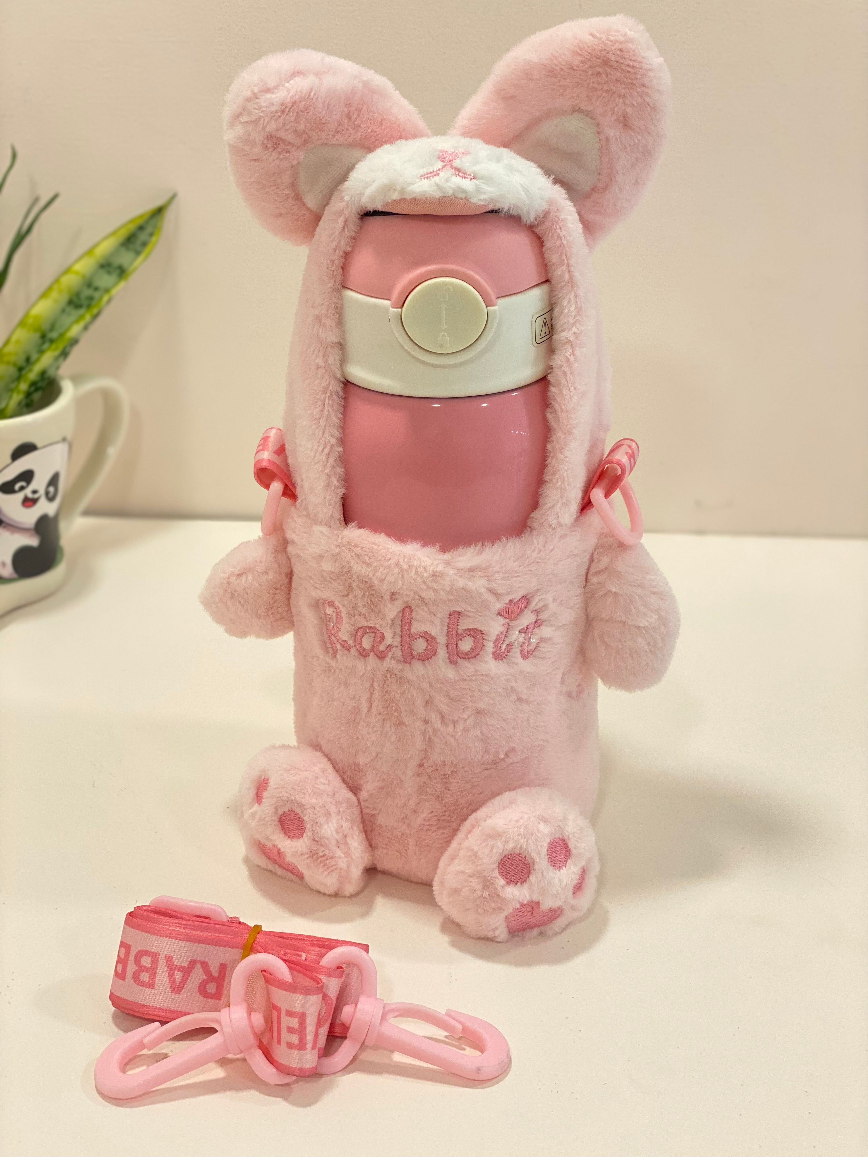 Kids Insulated Water Bottle with Cute Plush Cover & Strap – Leakproof Stainless Steel Sipper (Pink Ice Cream Design)