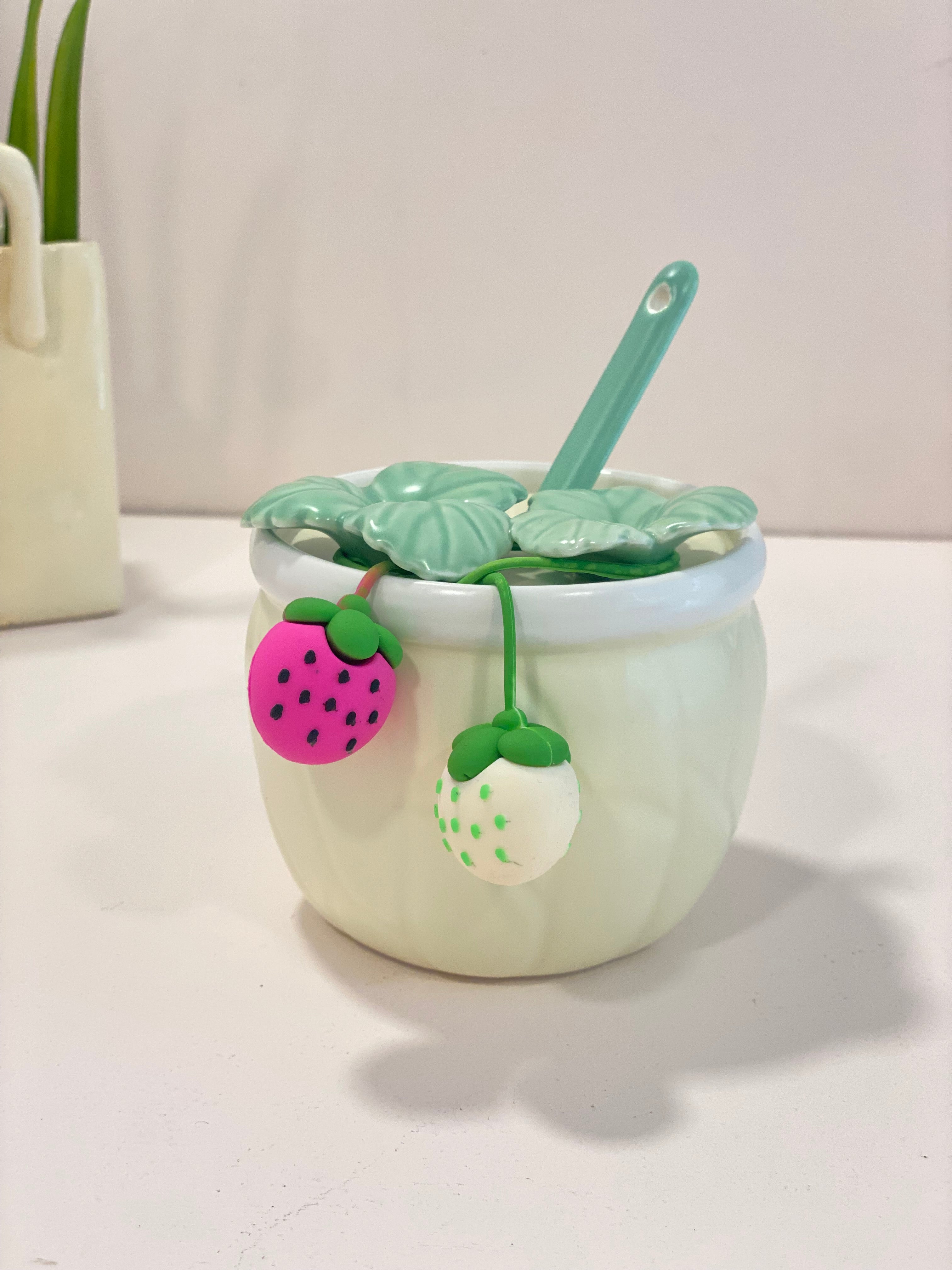 Cute Strawberry Ceramic Mug with Lid & Spoon – Aesthetic Pastel Coffee Cup with 3D Fruit Design | Kawaii Tea Mug Gift
