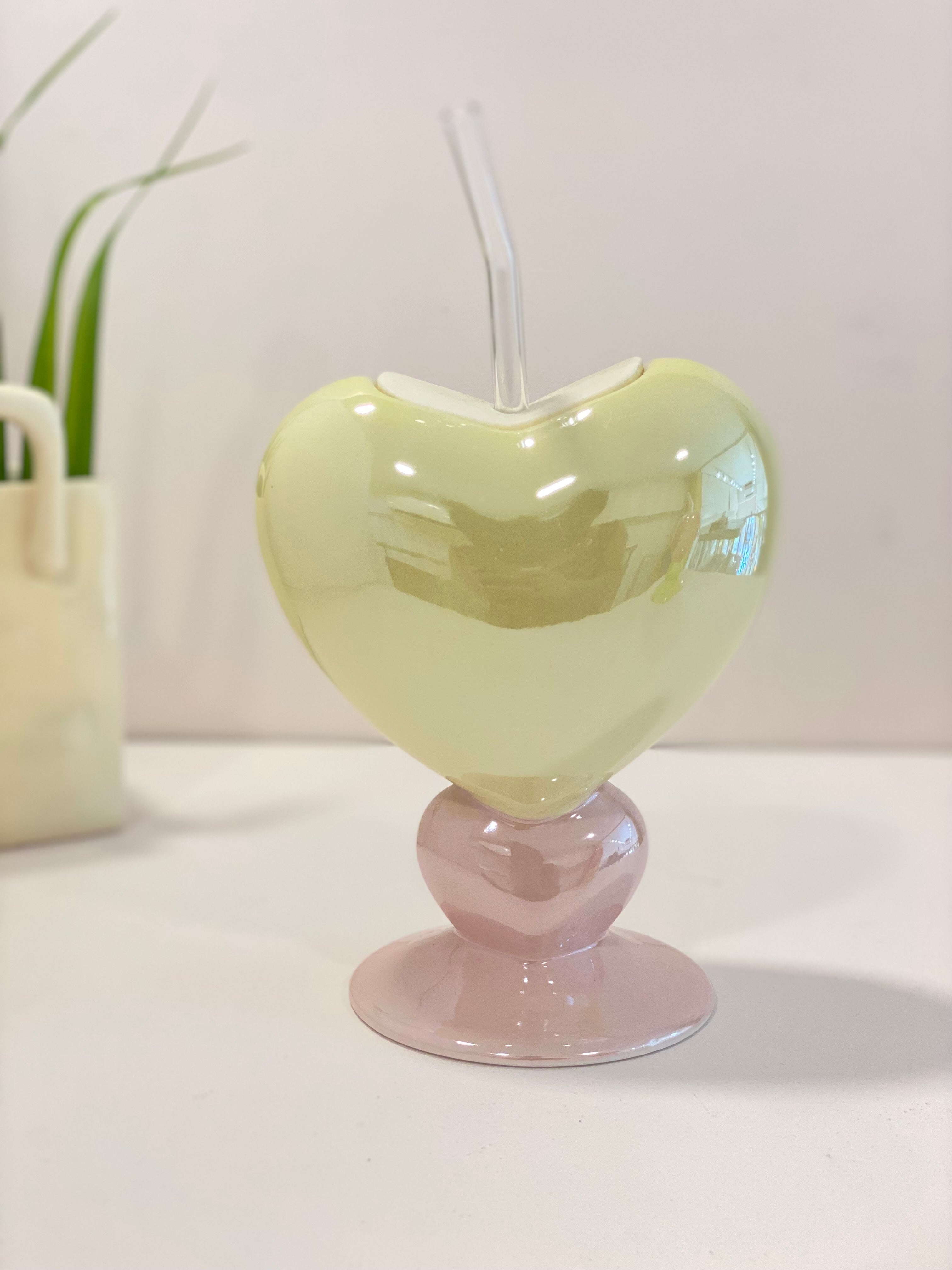 Heart Shape Ceramic Drinking Cup with Glass Straw & Lid | Aesthetic Pastel Mug | Cute Coffee & Juice Cup | Giftable Home & Café Drinkware