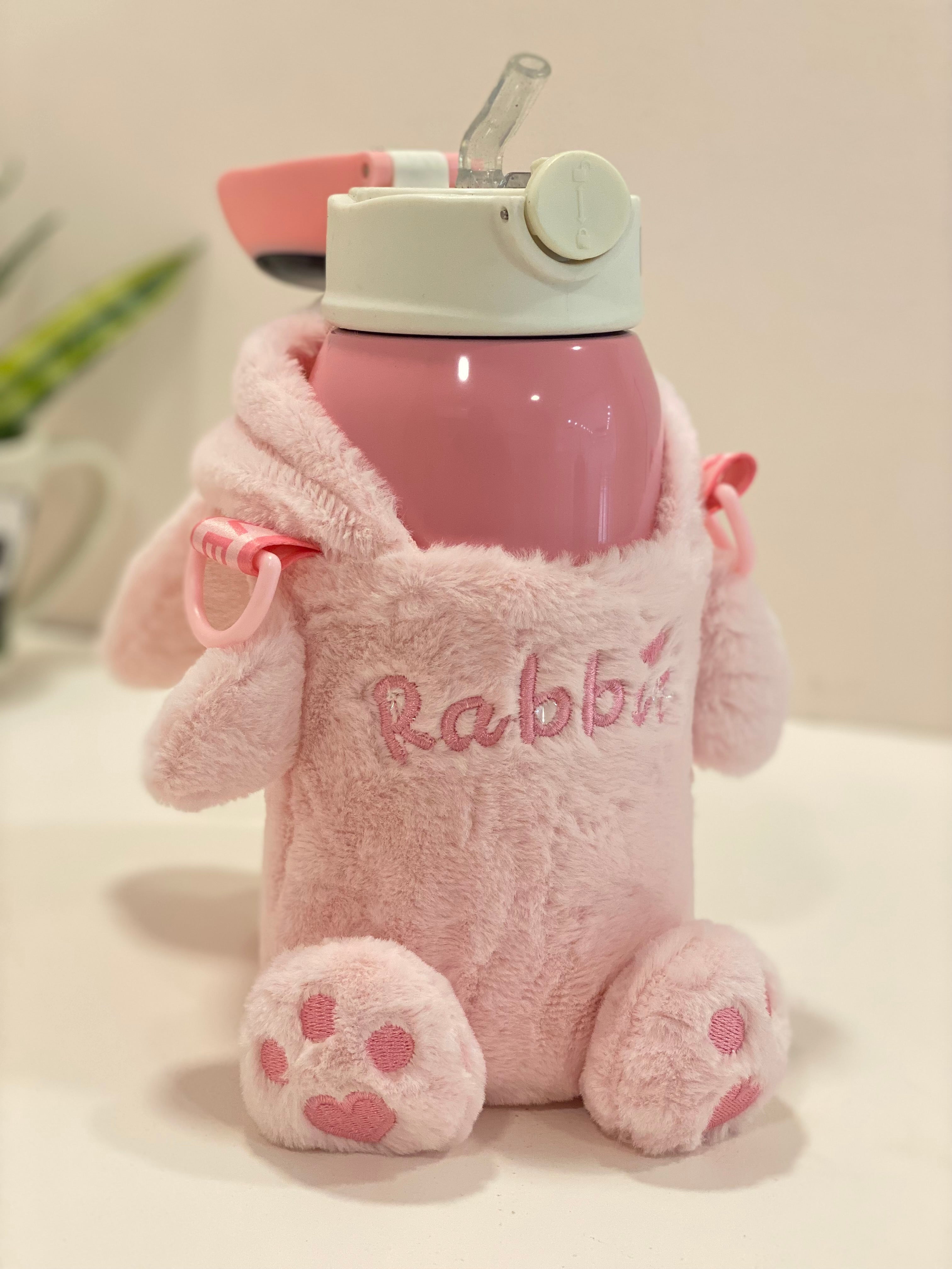 Kids Insulated Water Bottle with Cute Plush Cover & Strap – Leakproof Stainless Steel Sipper (Pink Ice Cream Design)