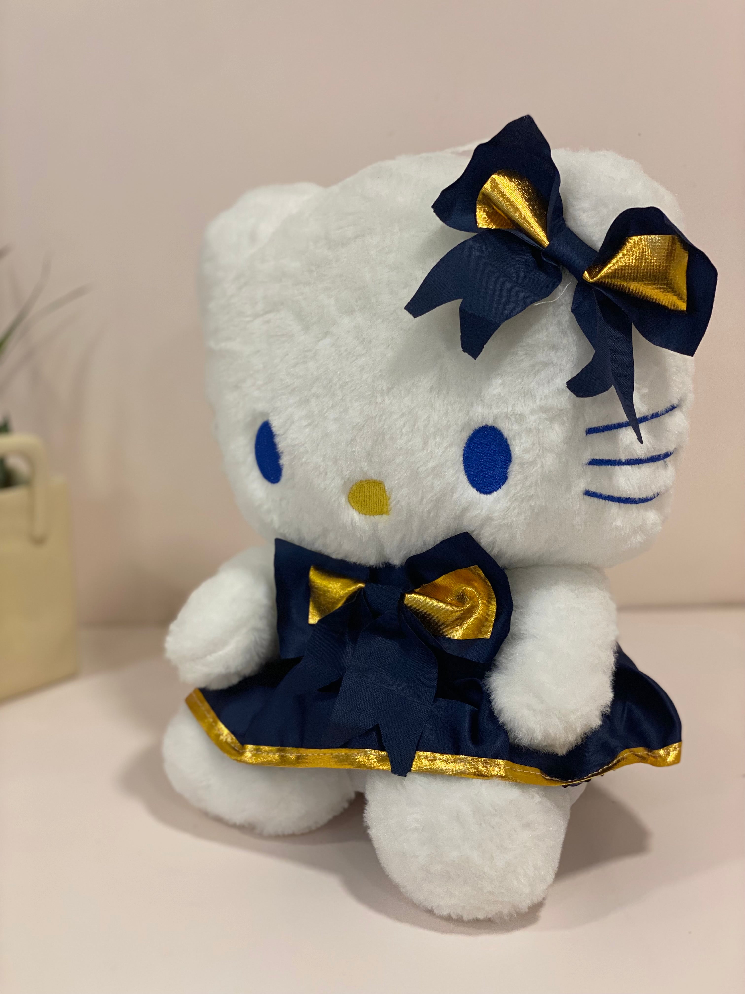 Cute Blue Bow Cat Plush Toy – Soft Stuffed Kitty Doll with Dress & Flowers (Kids & Gift Edition)