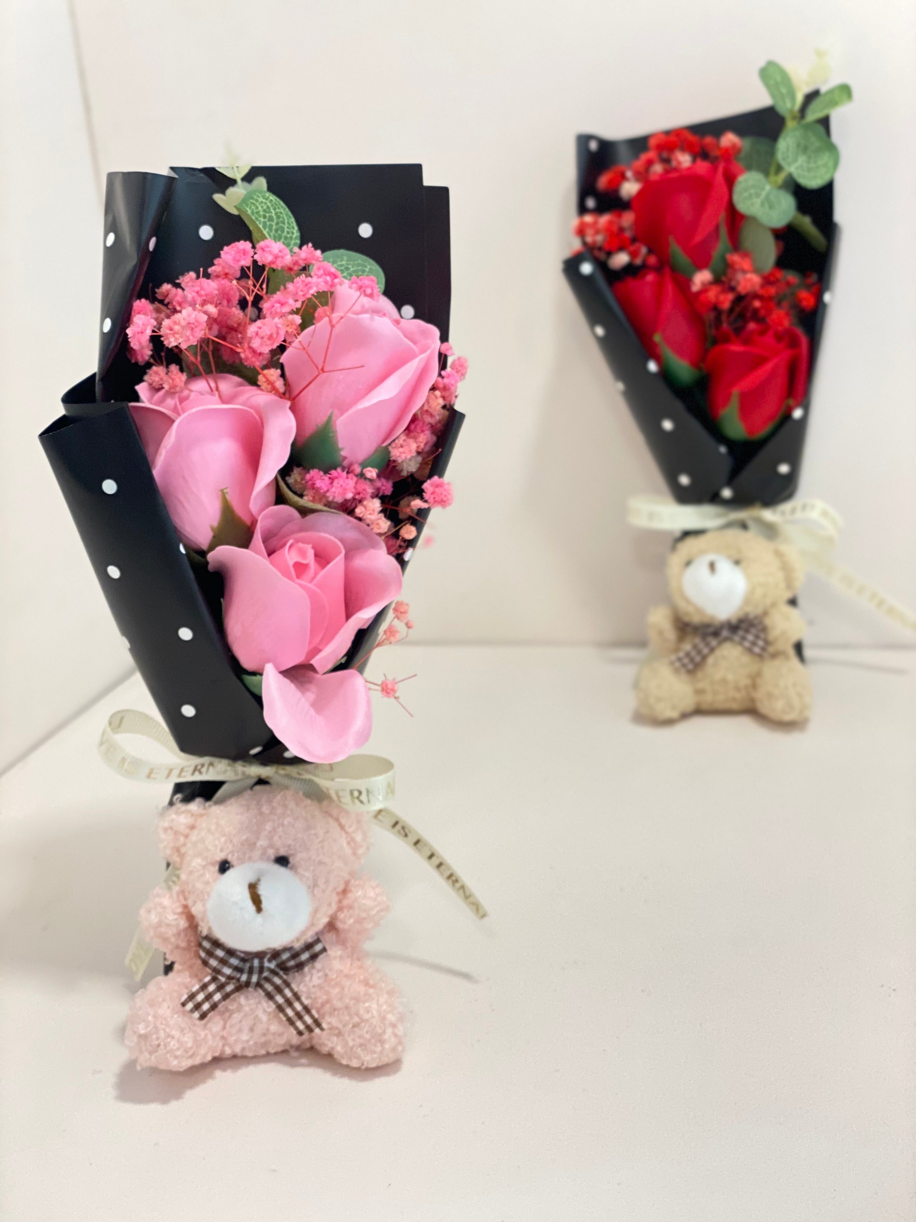 Teddy Bear Flower Bouquet Gift with Handle Display Box | Cute Plush Bear Artificial Rose Bouquet | Ready-to-Gift Romantic Keepsake