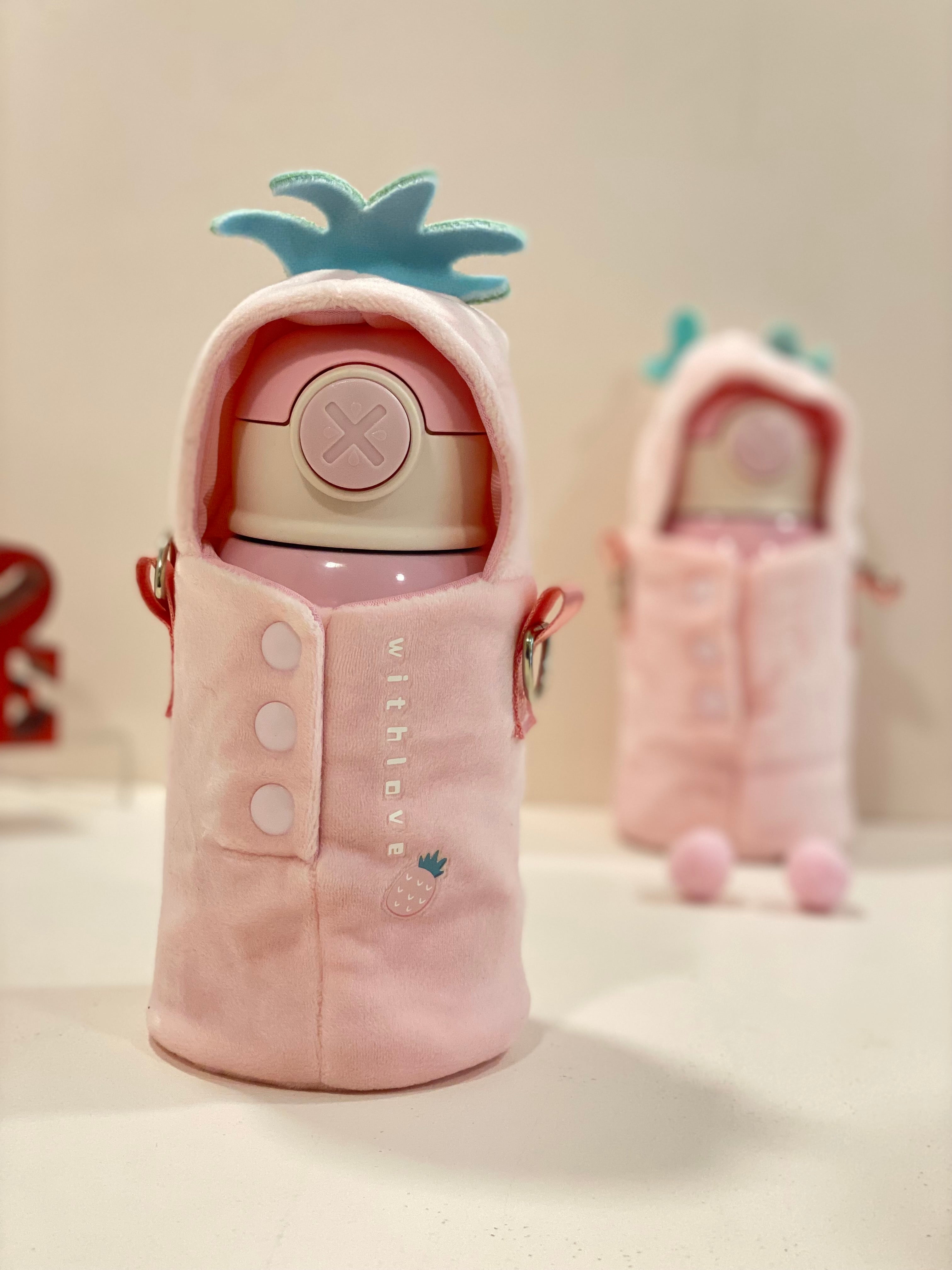 Kids Insulated Water Bottle with Cute Plush Cover & Strap – Leakproof Stainless Steel Sipper (Pink Ice Cream Design)