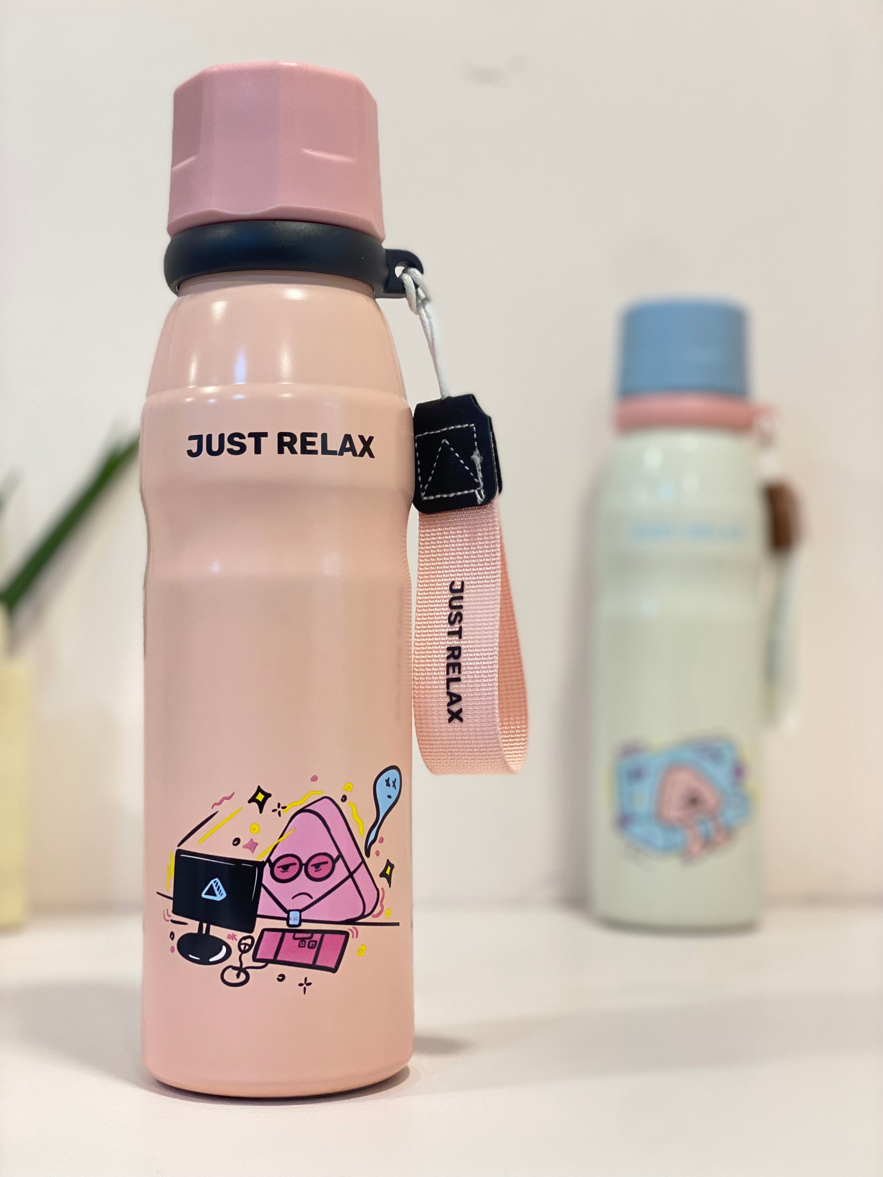 Just Relax Cute Printed Insulated Water Bottle for Kids & Teens – Stainless Steel, Leakproof & Reusable