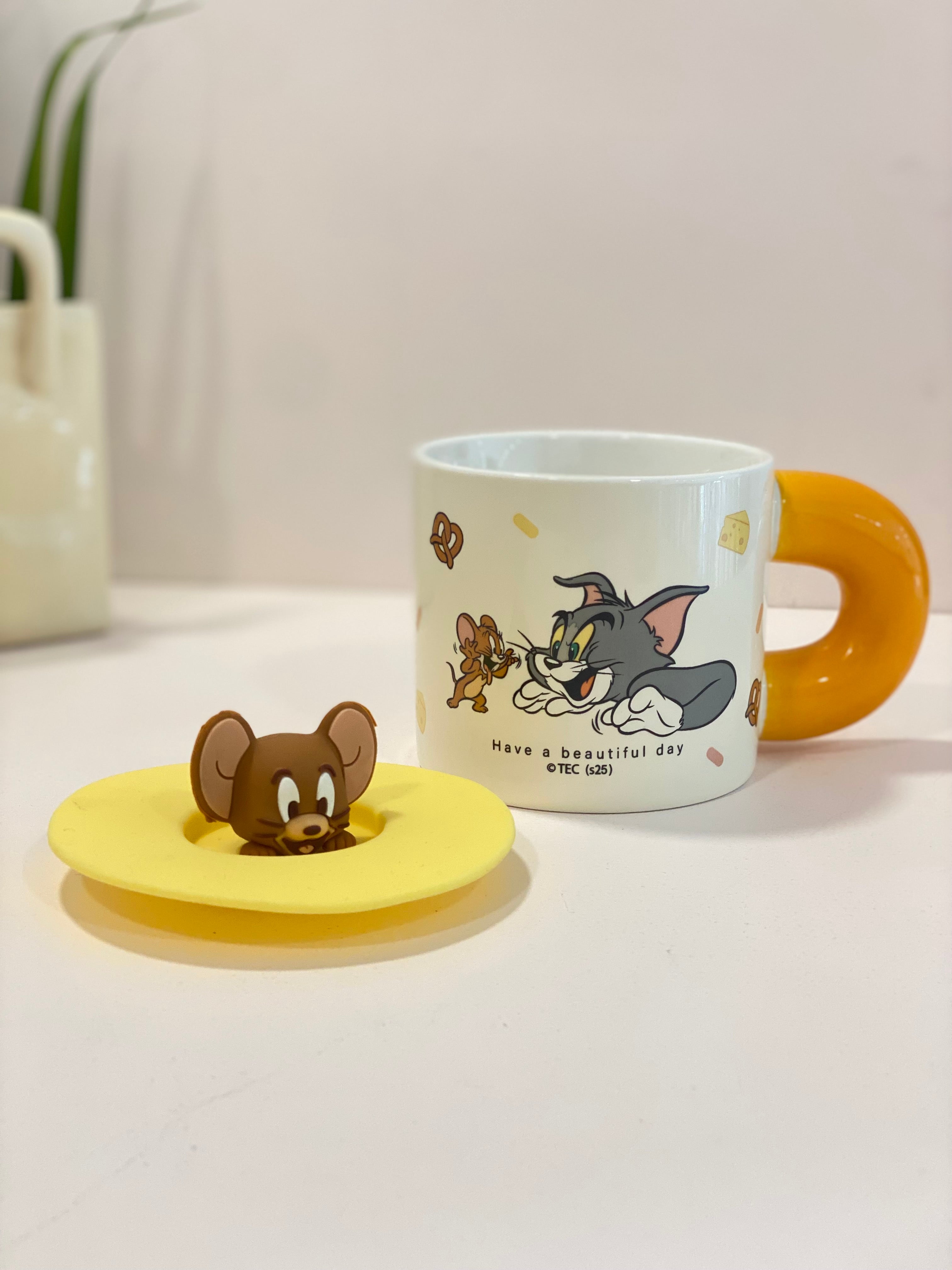 Cartoon Ceramic Mug with Lid & Straw – Cute Cartoon Character Coffee Mug | Kawaii Jerry & Tom Mug for Kids & Cartoon Lovers