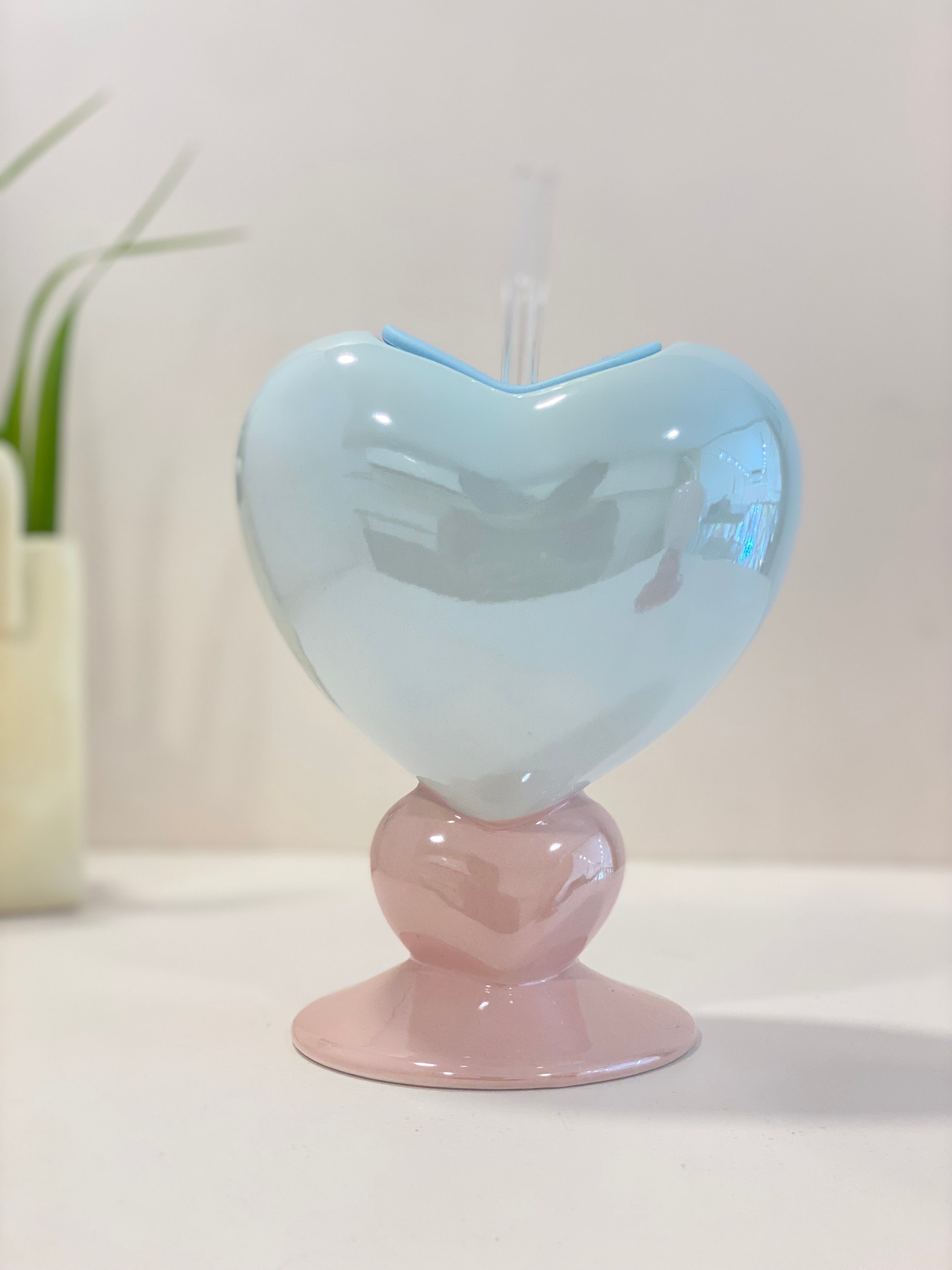 Heart Shape Ceramic Drinking Cup with Glass Straw & Lid | Aesthetic Pastel Mug | Cute Coffee & Juice Cup | Giftable Home & Café Drinkware