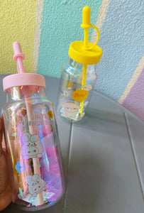 Happy Rabbit & Bear Holographic Glass Bottle