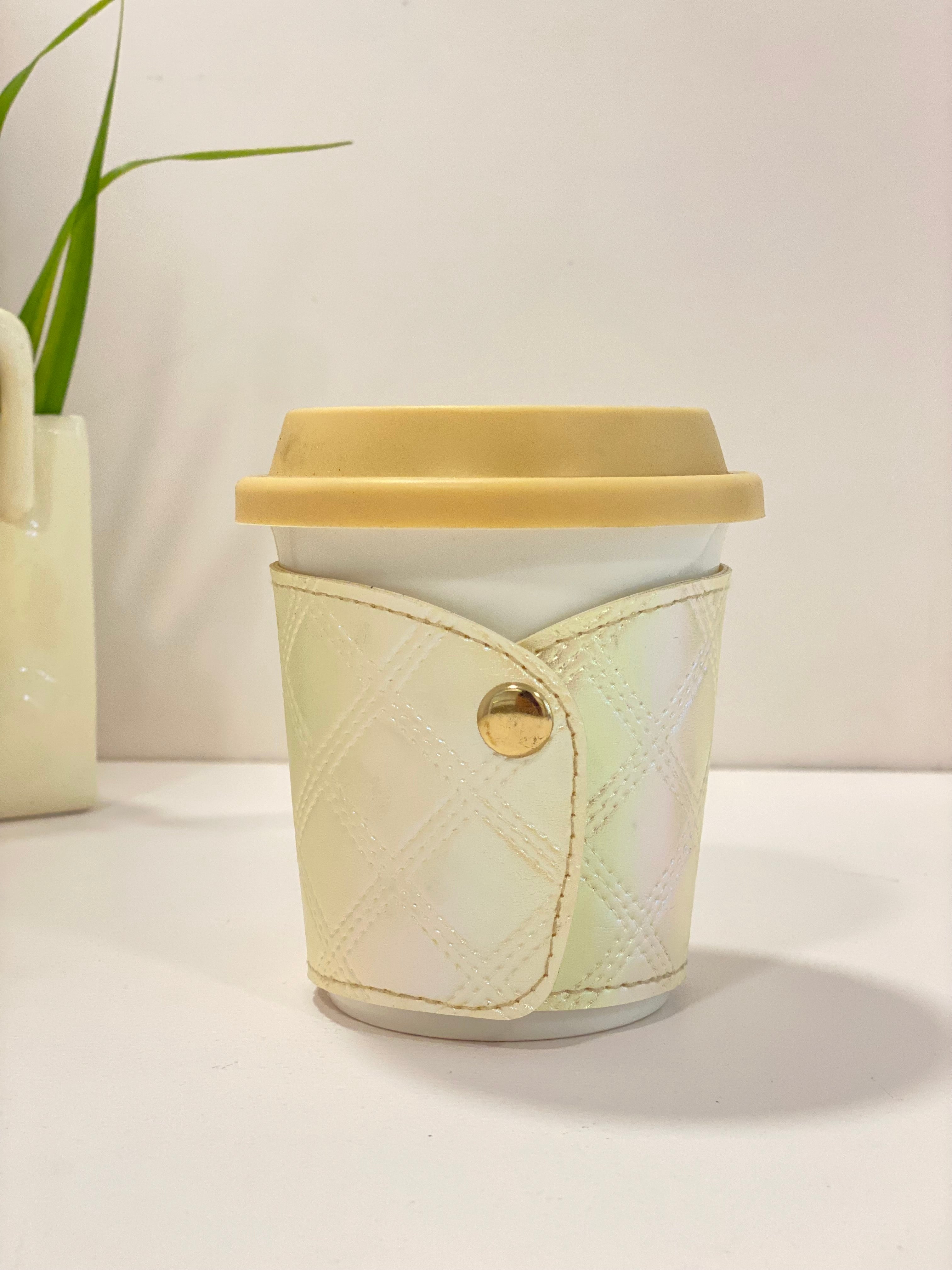 Portable Ceramic Coffee Cup with Lid & Quilted Sleeve – Aesthetic Travel Mug with Handle Strap | Reusable Tea & Coffee Cup
