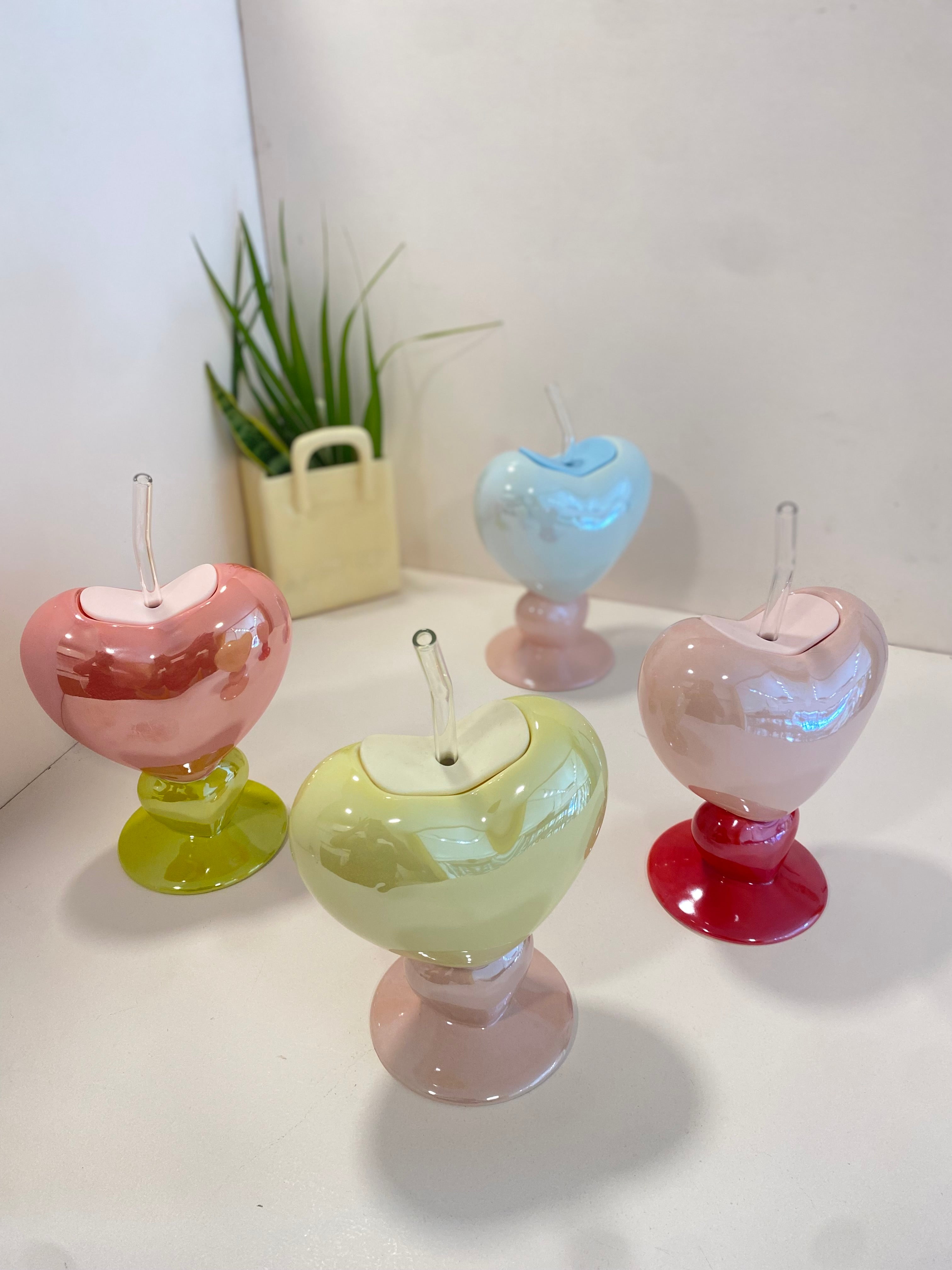 Heart Shape Ceramic Drinking Cup with Glass Straw & Lid | Aesthetic Pastel Mug | Cute Coffee & Juice Cup | Giftable Home & Café Drinkware