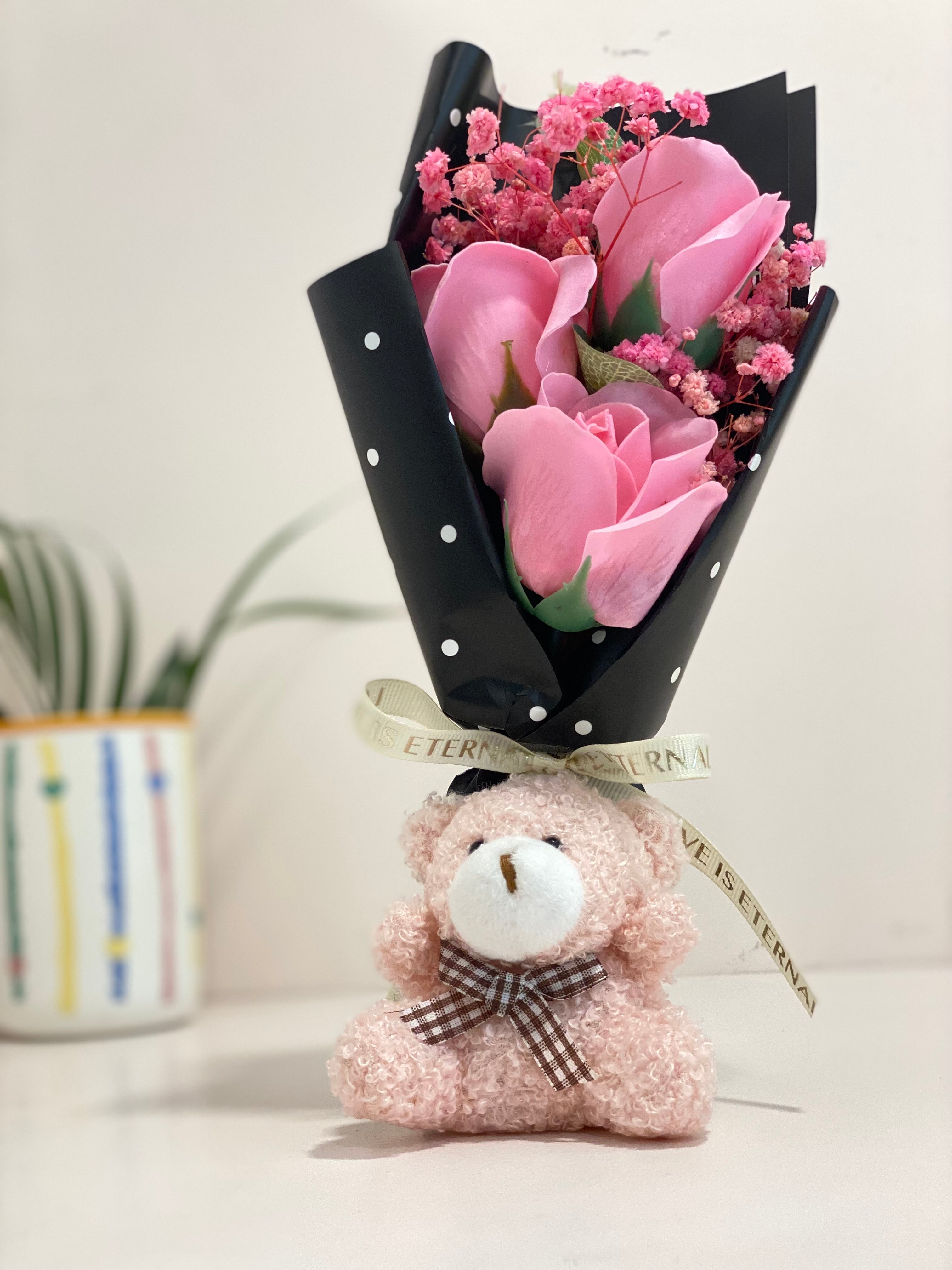 Teddy Bear Flower Bouquet Gift with Handle Display Box | Cute Plush Bear Artificial Rose Bouquet | Ready-to-Gift Romantic Keepsake