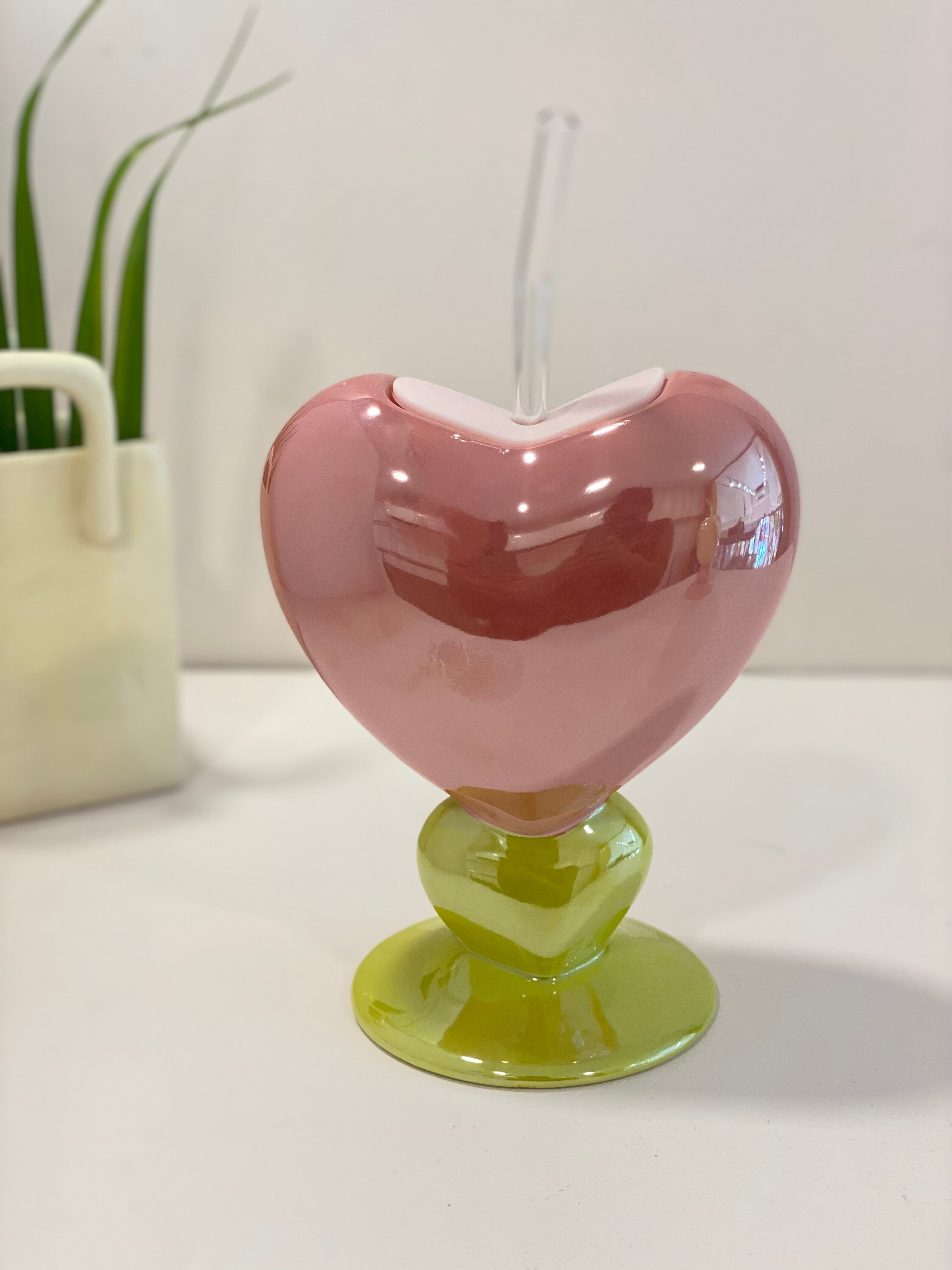 Heart Shape Ceramic Drinking Cup with Glass Straw & Lid | Aesthetic Pastel Mug | Cute Coffee & Juice Cup | Giftable Home & Café Drinkware