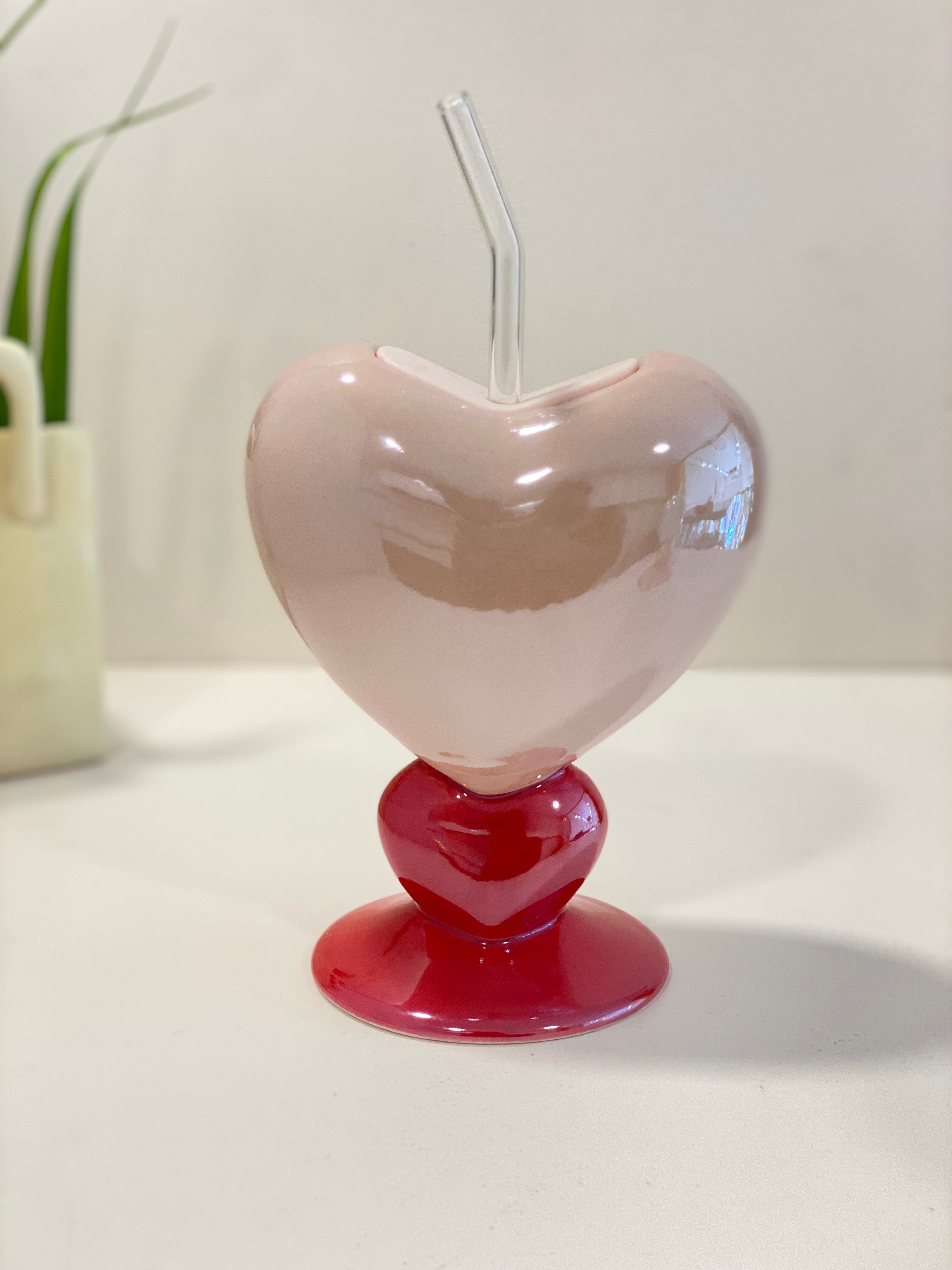 Heart Shape Ceramic Drinking Cup with Glass Straw & Lid | Aesthetic Pastel Mug | Cute Coffee & Juice Cup | Giftable Home & Café Drinkware