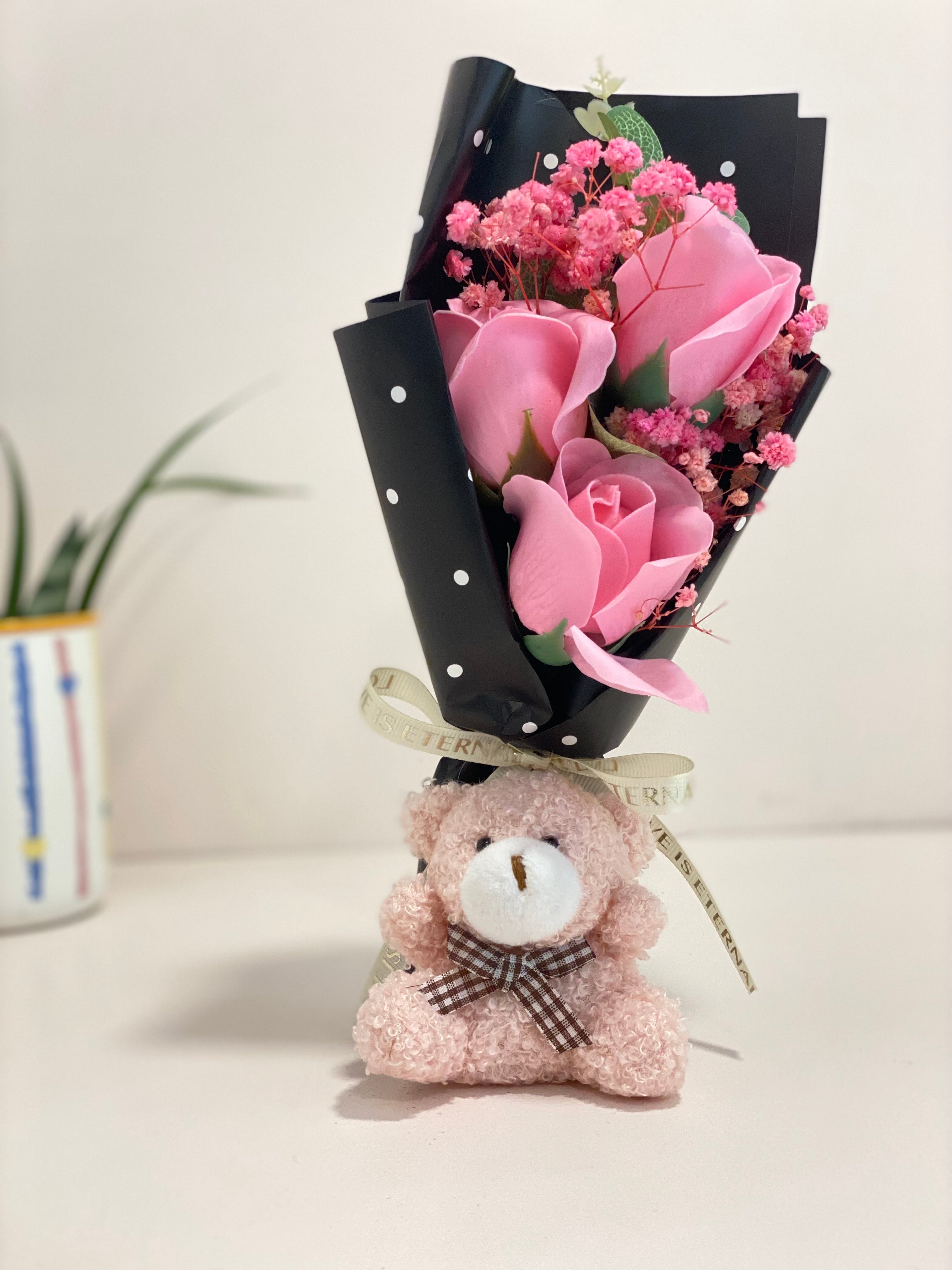 Teddy Bear Flower Bouquet Gift with Handle Display Box | Cute Plush Bear Artificial Rose Bouquet | Ready-to-Gift Romantic Keepsake