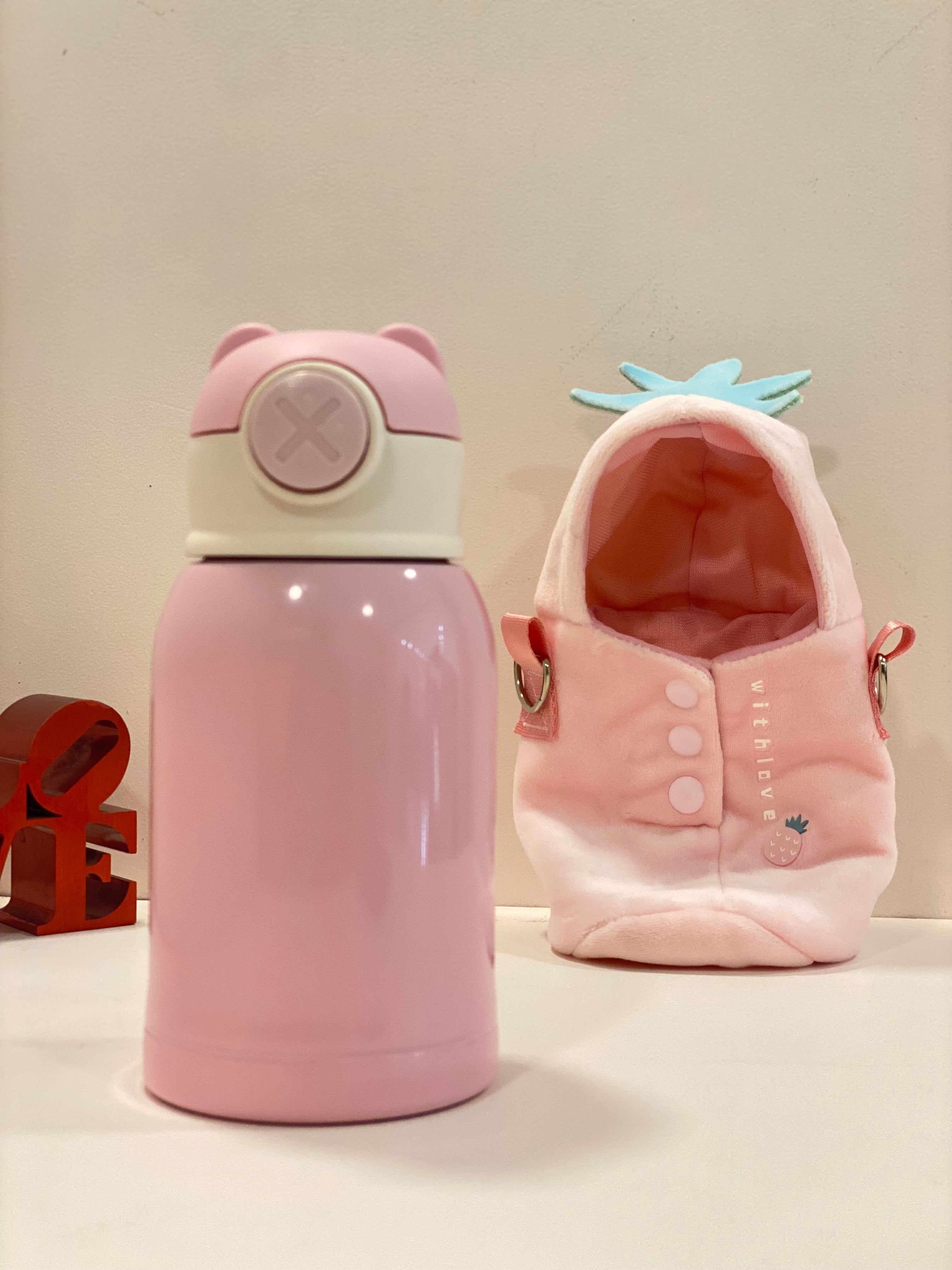 Kids Insulated Water Bottle with Cute Plush Cover & Strap – Leakproof Stainless Steel Sipper (Pink Ice Cream Design)