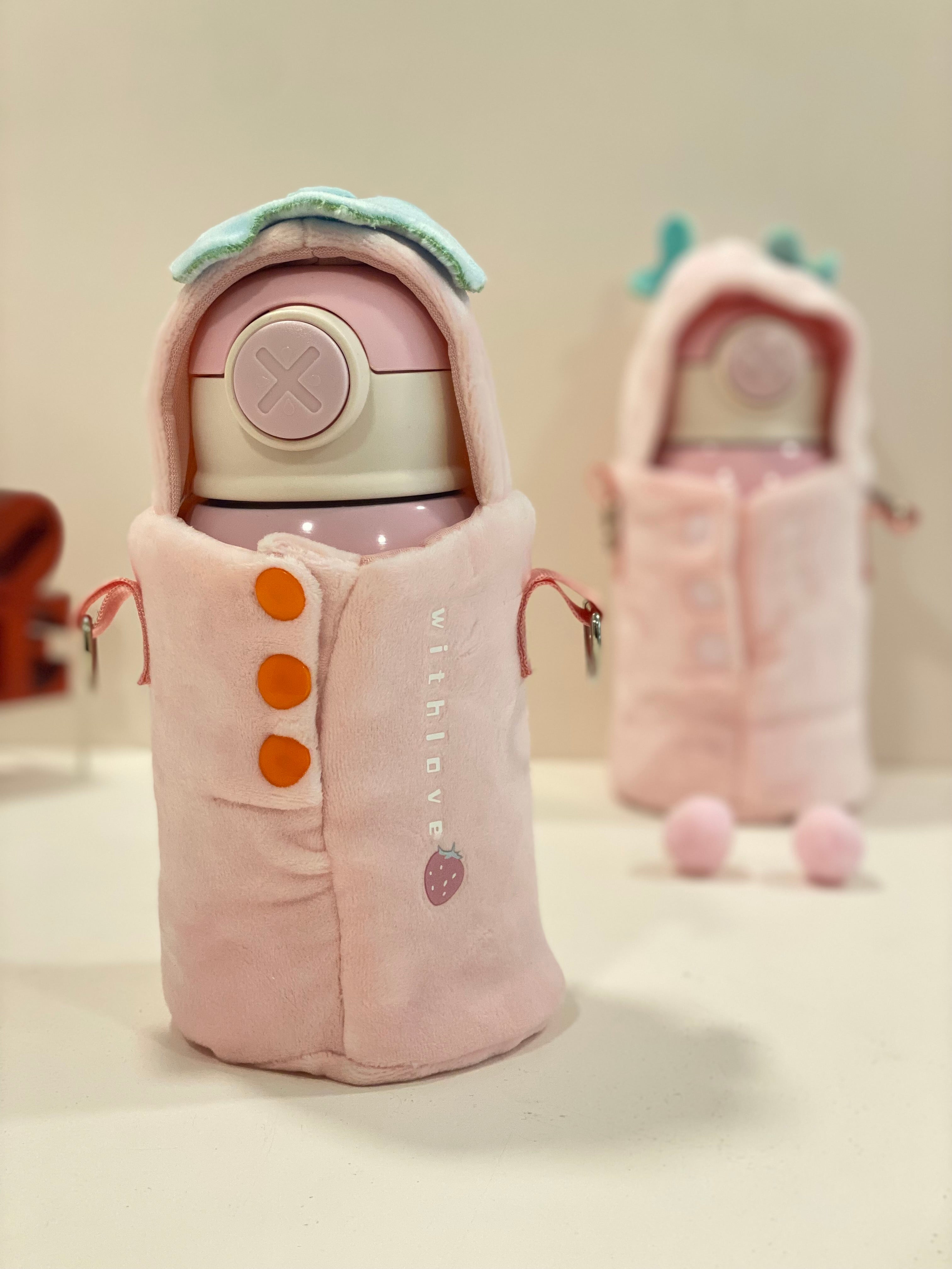 Kids Insulated Water Bottle with Cute Plush Cover & Strap – Leakproof Stainless Steel Sipper (Pink Ice Cream Design)