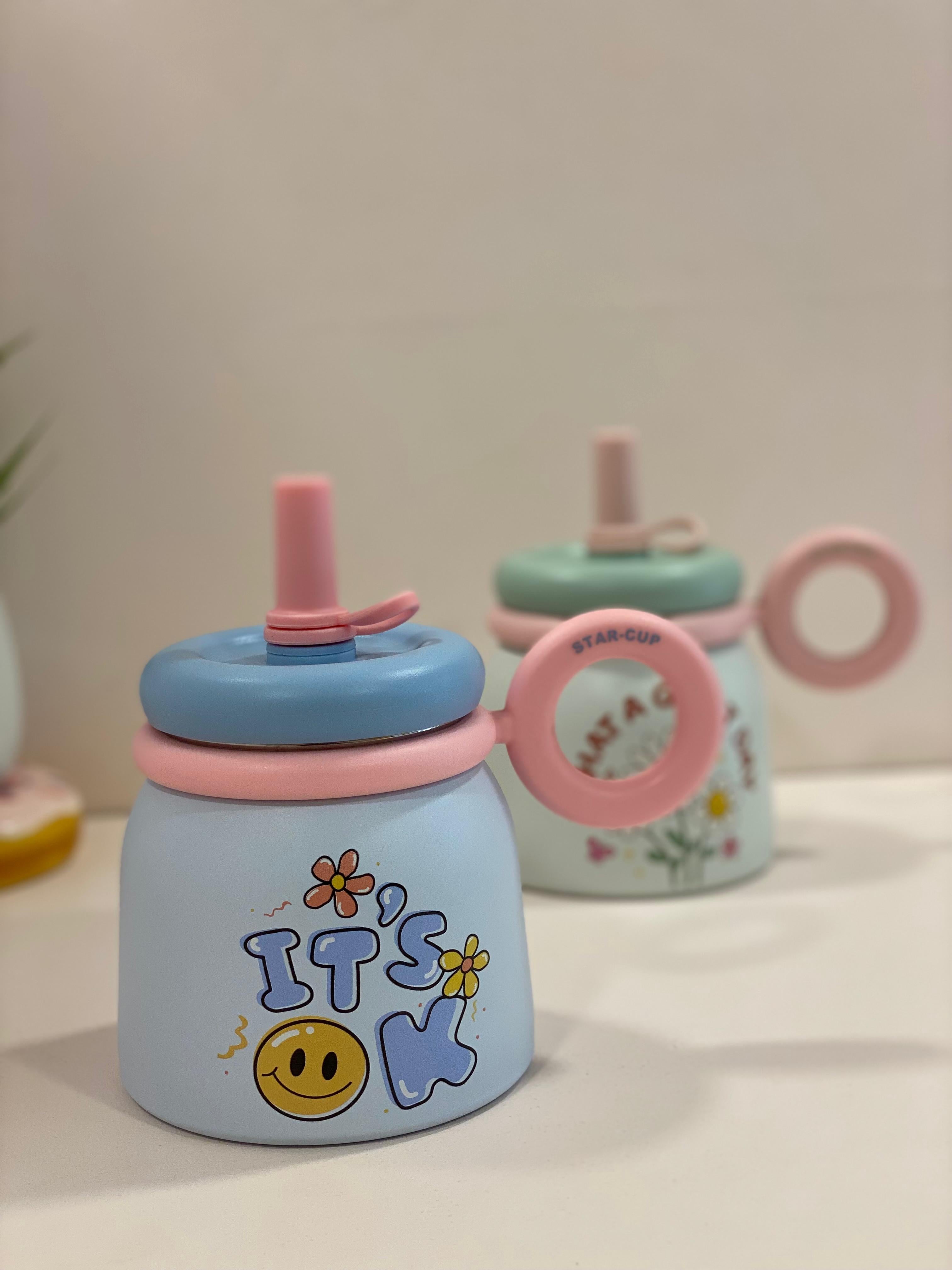 Cute Stainless Steel Kids Sipper Cup | Hot & Cold Insulated Steel Bottle with Straw & Handle