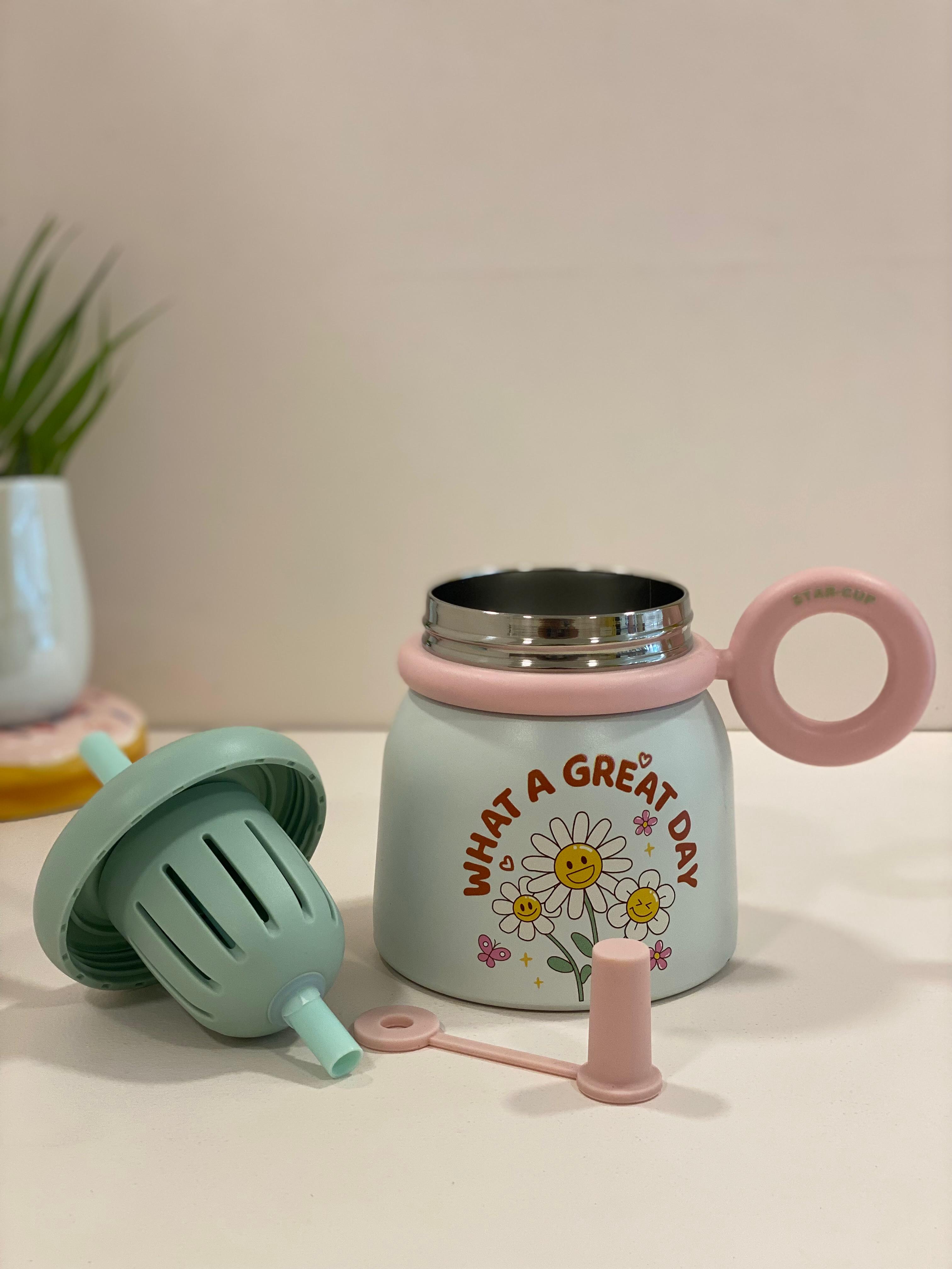 Cute Stainless Steel Kids Sipper Cup | Hot & Cold Insulated Steel Bottle with Straw & Handle