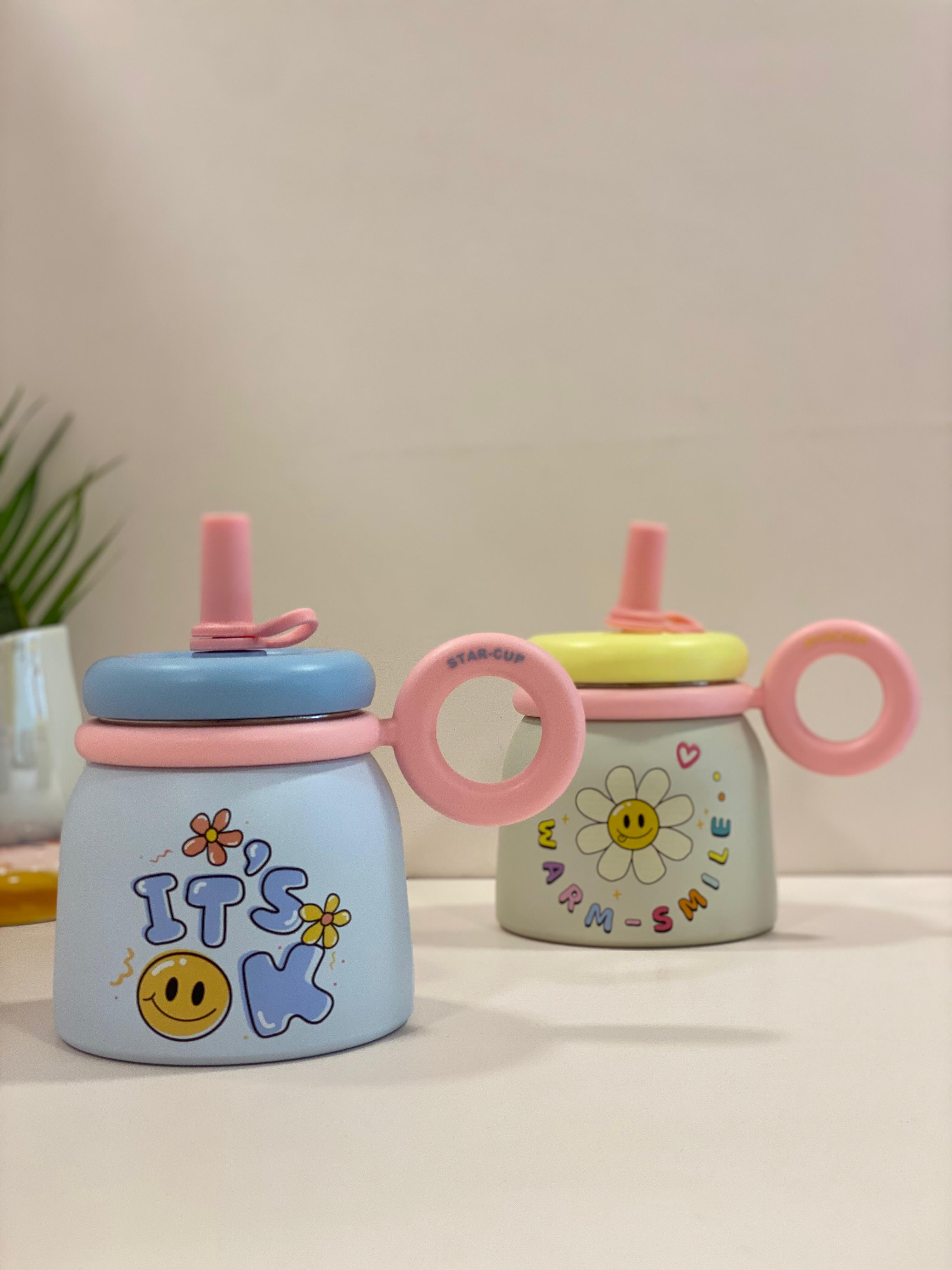 Cute Stainless Steel Kids Sipper Cup | Hot & Cold Insulated Steel Bottle with Straw & Handle