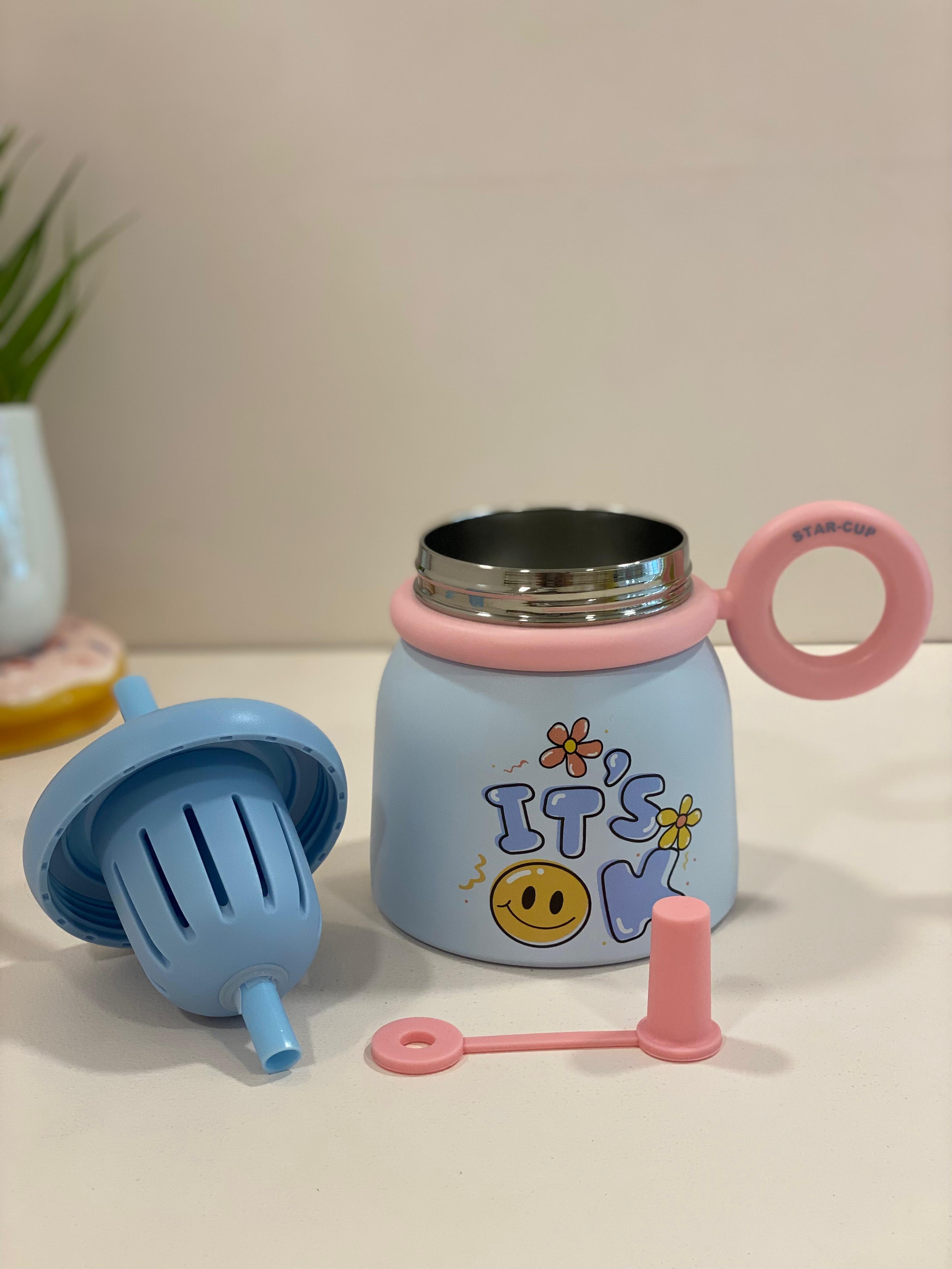 Cute Stainless Steel Kids Sipper Cup | Hot & Cold Insulated Steel Bottle with Straw & Handle