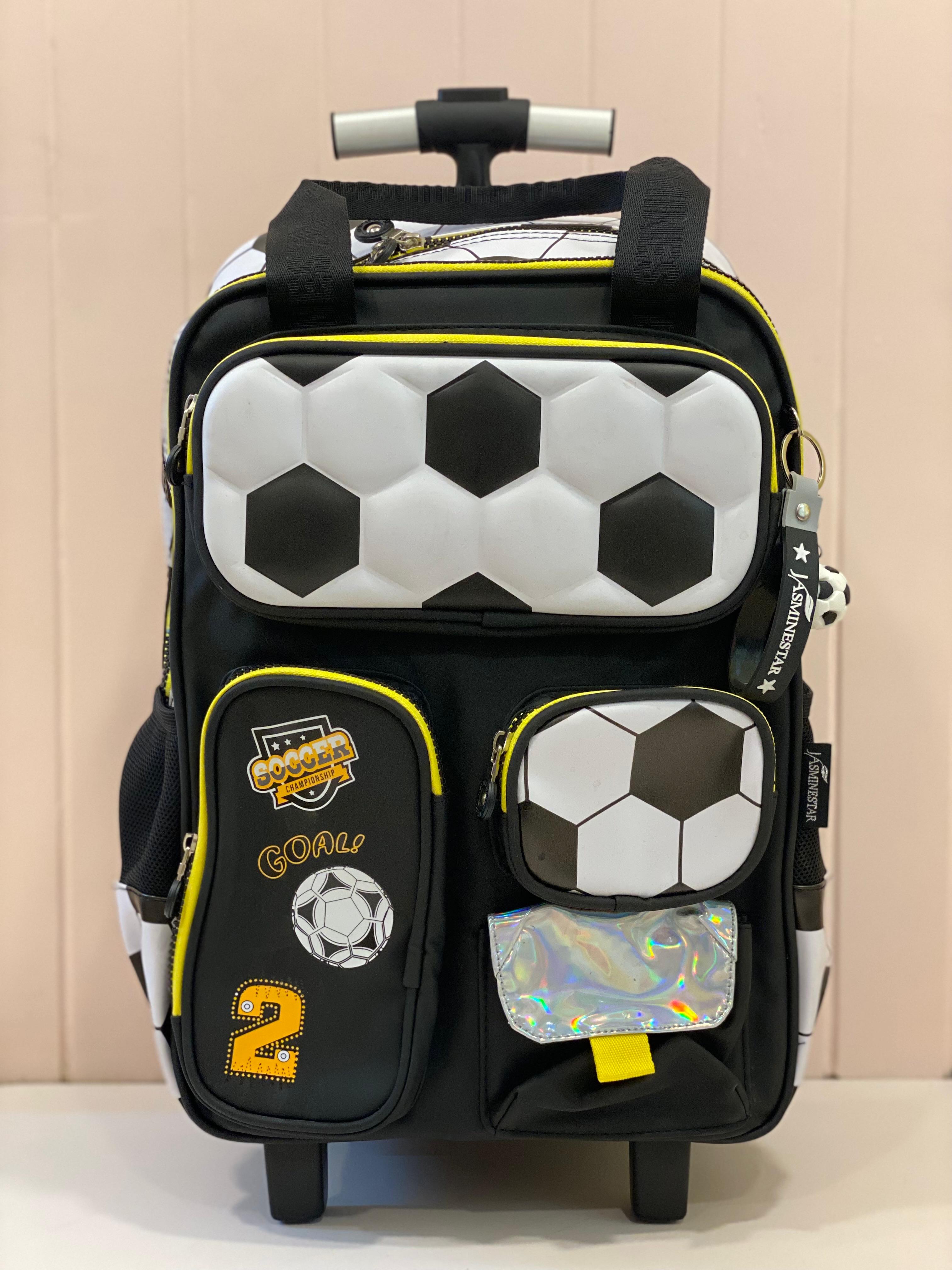 Kids Soccer Theme Trolley School Bag Set – Rolling Backpack with Lunch Bag & Pencil Case | Waterproof Wheeled School Bag for Boys