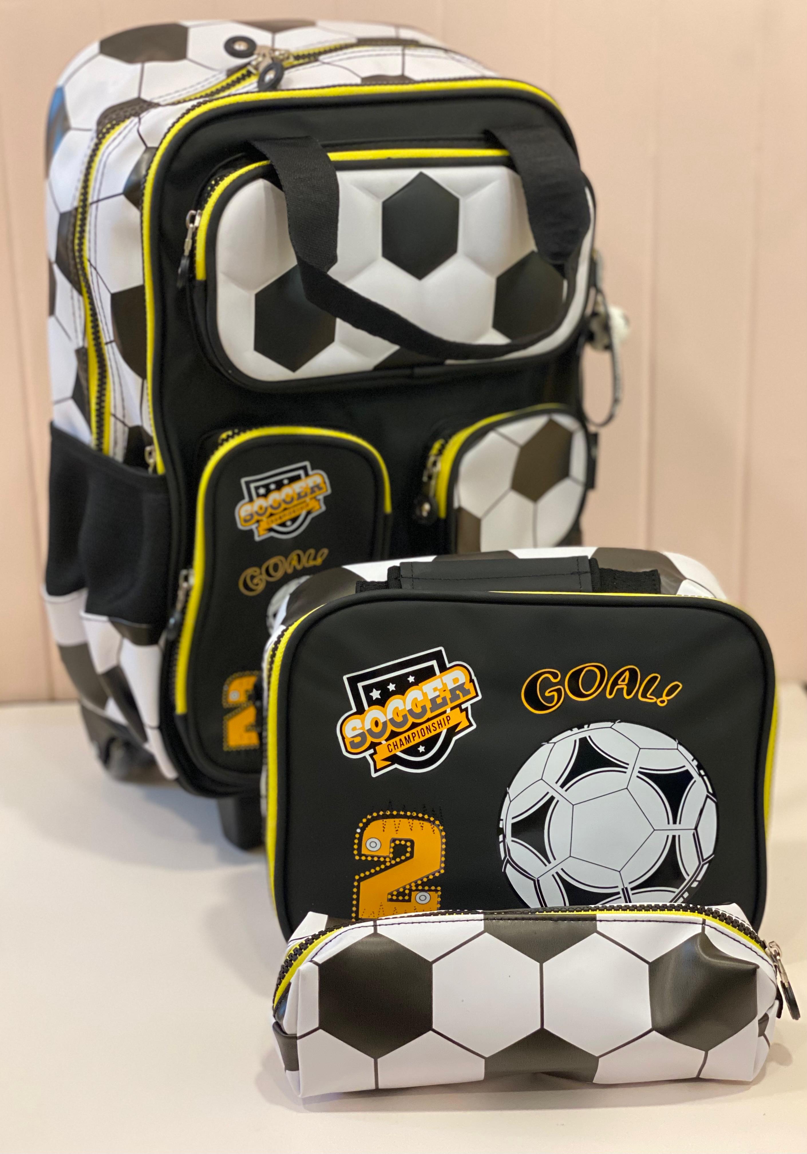 Kids Soccer Theme Trolley School Bag Set – Rolling Backpack with Lunch Bag & Pencil Case | Waterproof Wheeled School Bag for Boys
