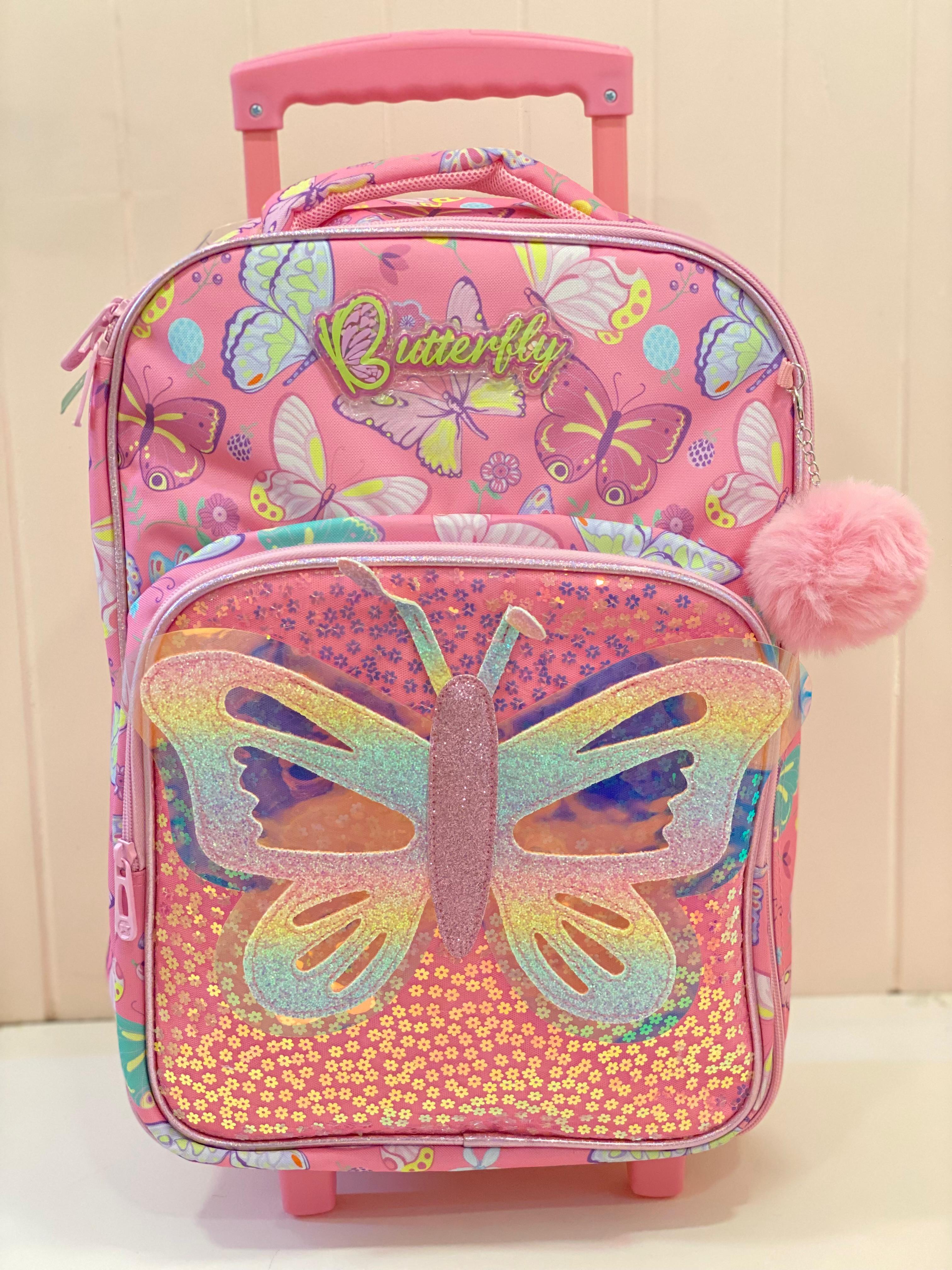 Butterfly Kids Trolley School Bag Set with Matching Lunch Bag – Pink Rolling Backpack for Girls | Lightweight Travel School Bag Set