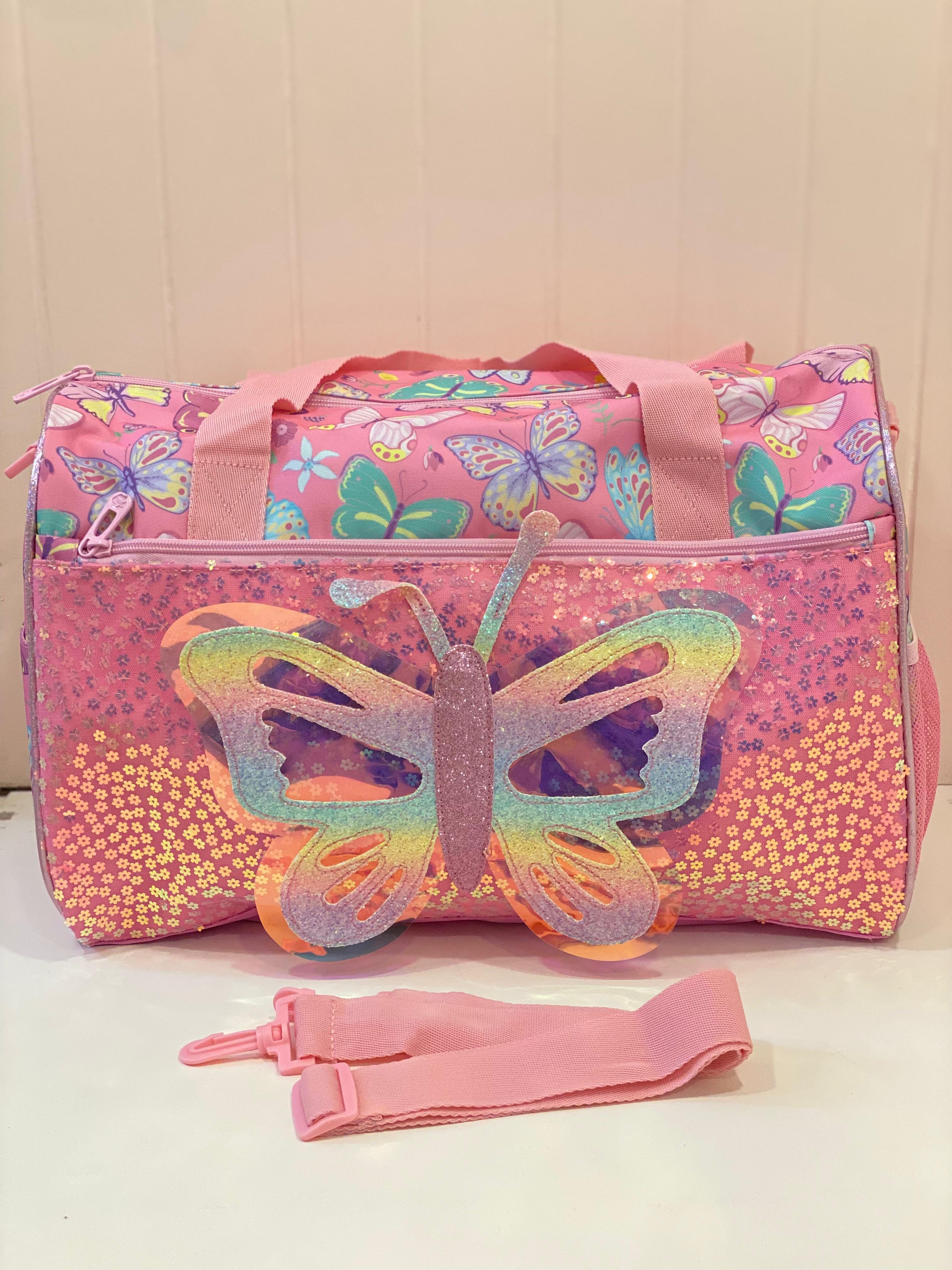 Butterfly Print Kids Duffle Bag – Glitter Butterfly Travel & Activity Bag for Girls | Lightweight Weekend & Gym Bag
