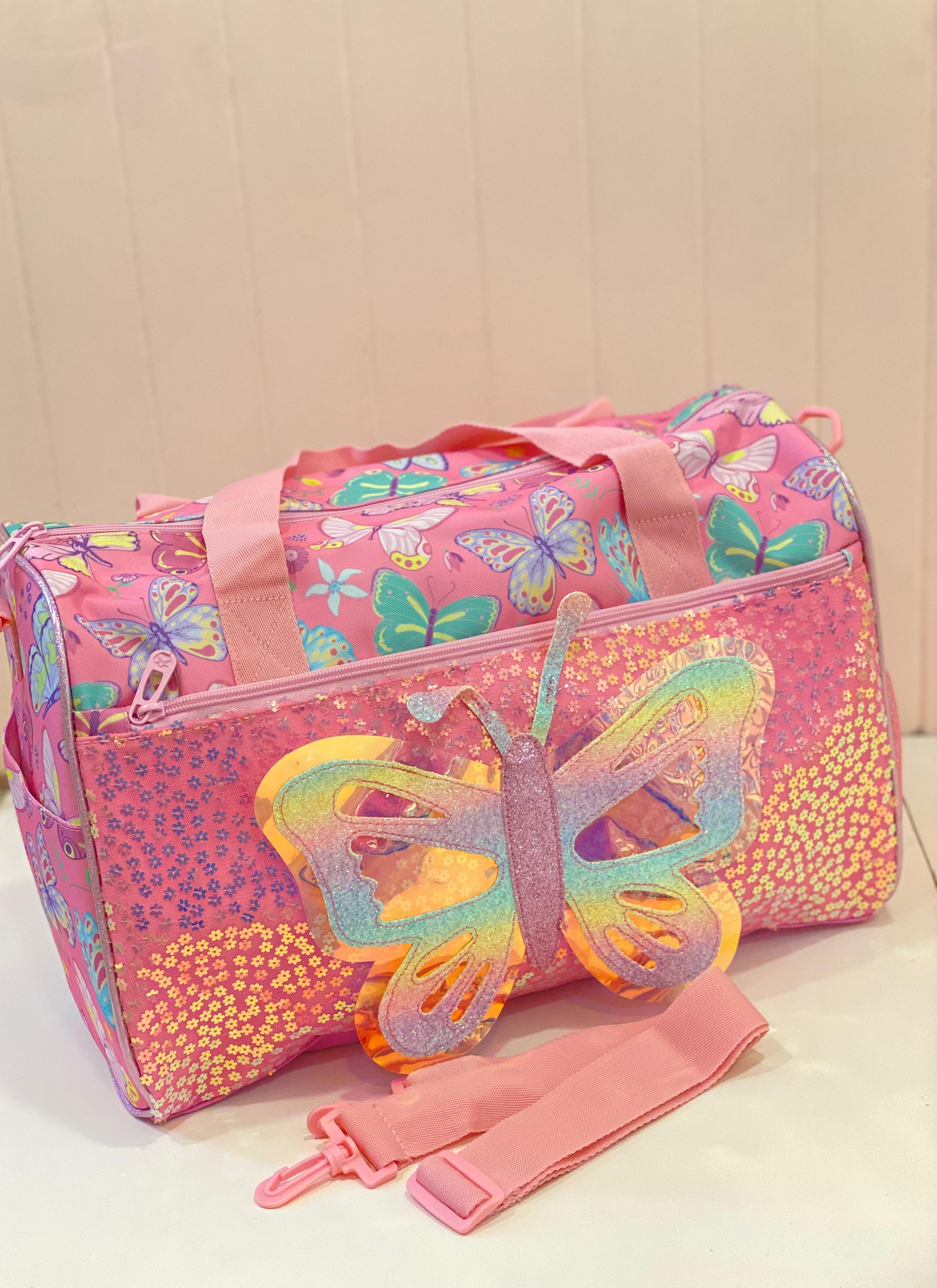 Butterfly Print Kids Duffle Bag – Glitter Butterfly Travel & Activity Bag for Girls | Lightweight Weekend & Gym Bag