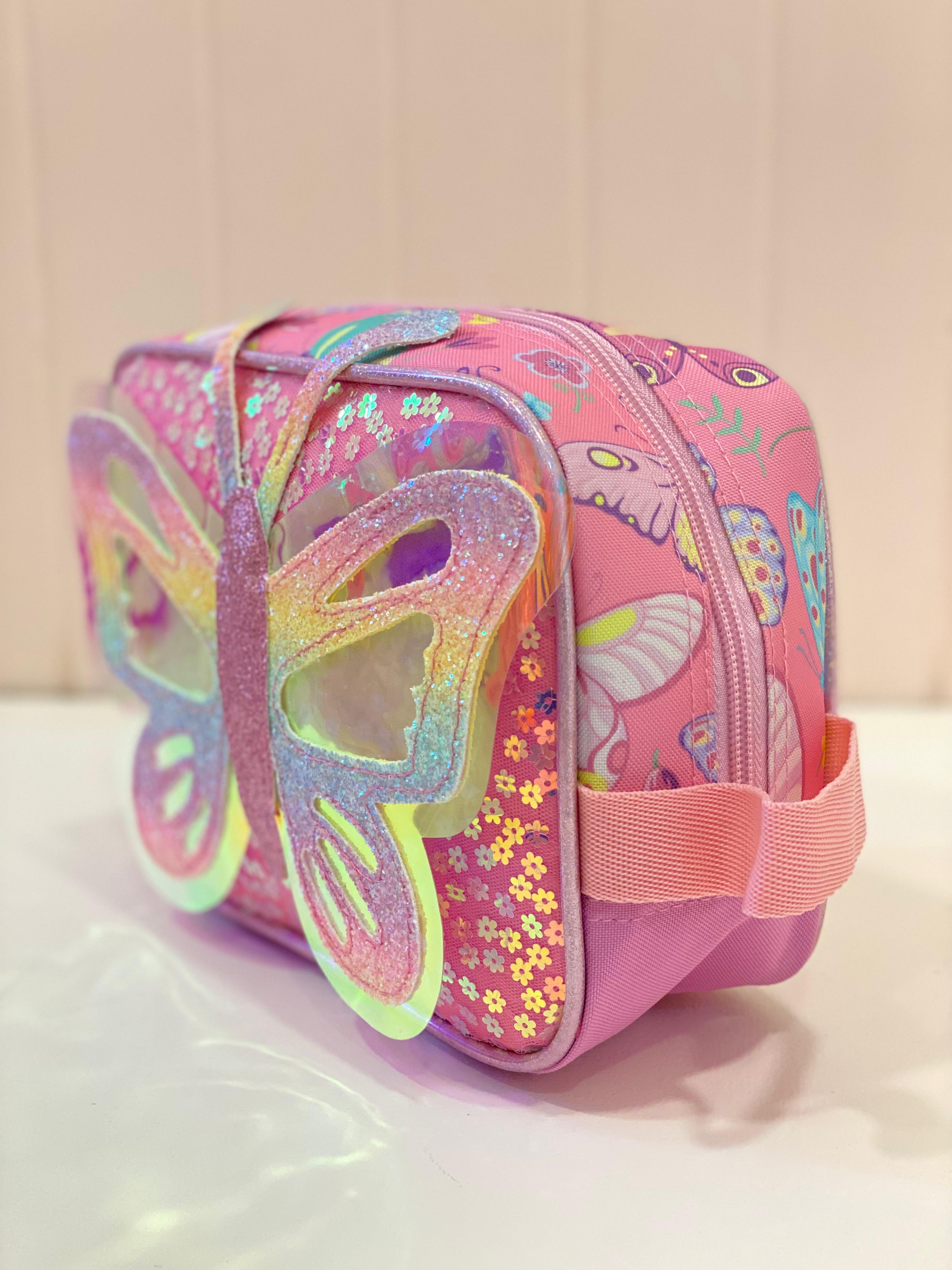 Butterfly Kids Trolley School Bag Set with Matching Lunch Bag – Pink Rolling Backpack for Girls | Lightweight Travel School Bag Set