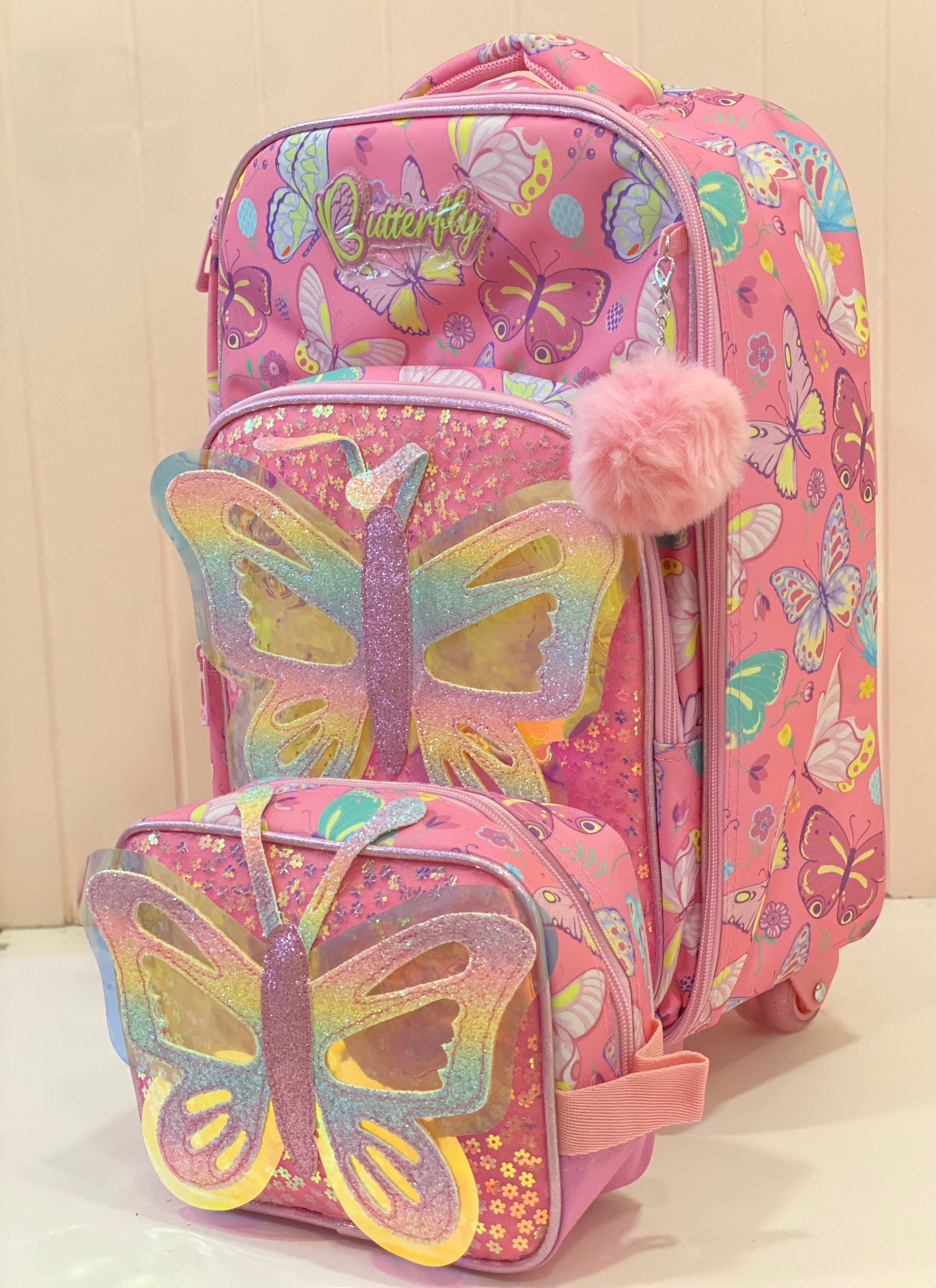 Butterfly Kids Trolley School Bag Set with Matching Lunch Bag – Pink Rolling Backpack for Girls | Lightweight Travel School Bag Set