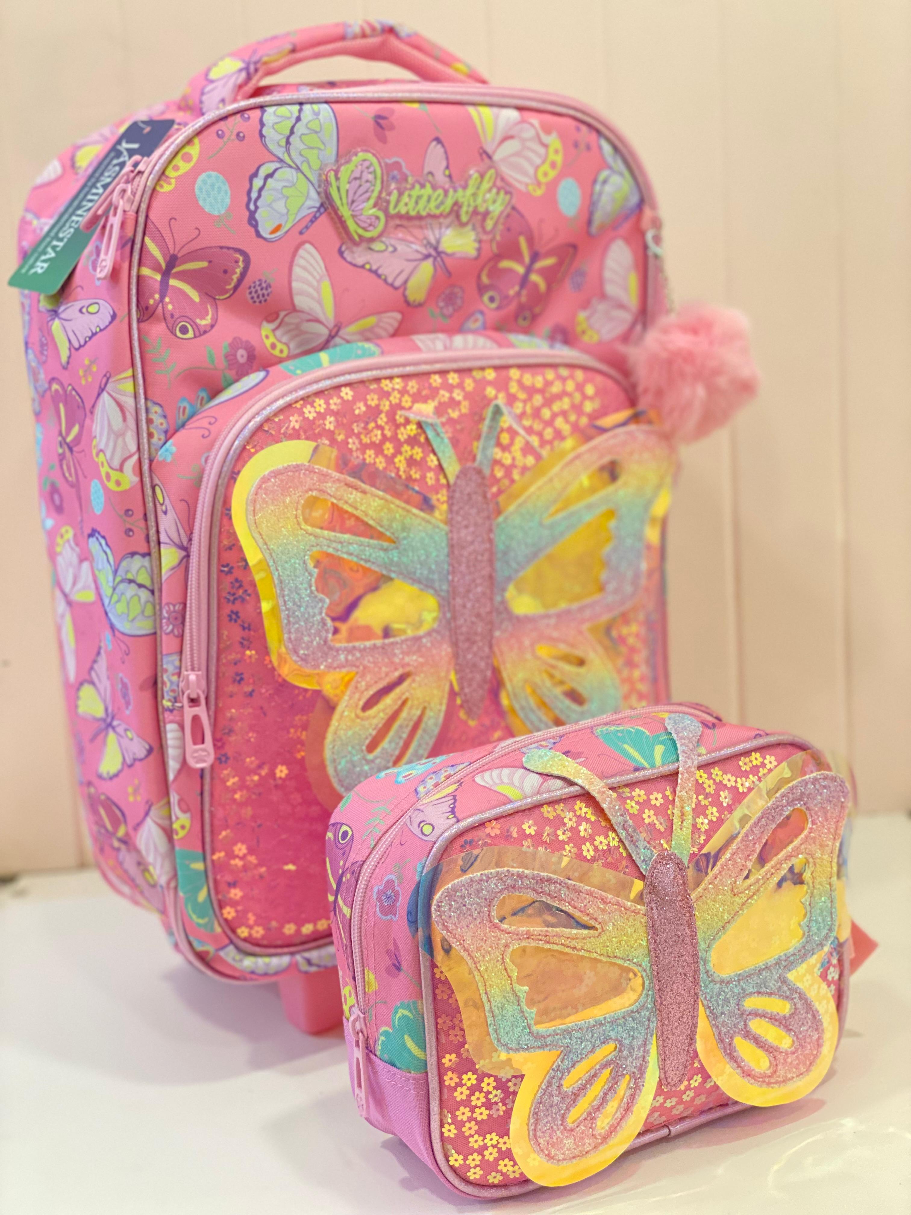 Butterfly Kids Trolley School Bag Set with Matching Lunch Bag – Pink Rolling Backpack for Girls | Lightweight Travel School Bag Set