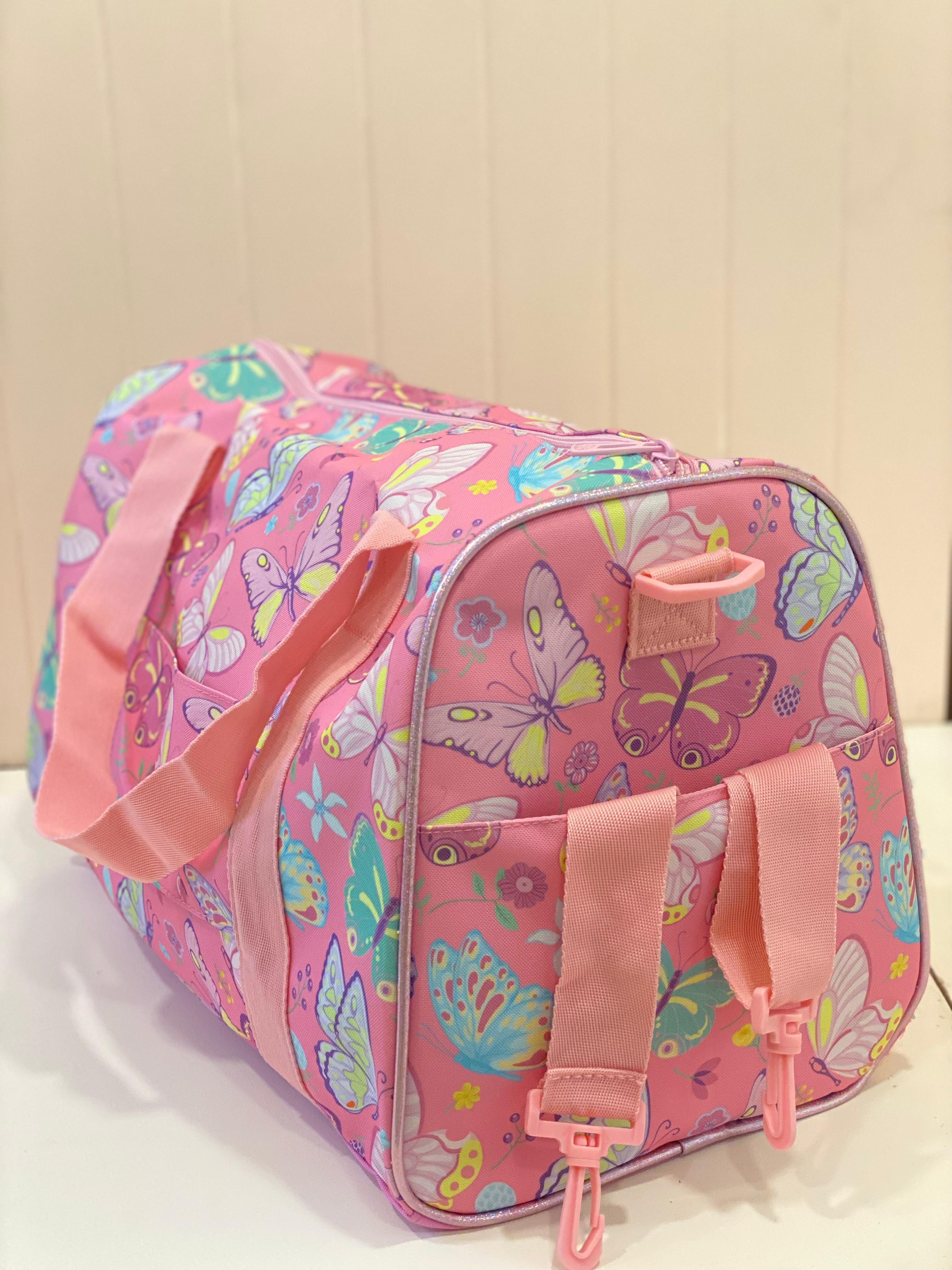 Butterfly Print Kids Duffle Bag – Glitter Butterfly Travel & Activity Bag for Girls | Lightweight Weekend & Gym Bag