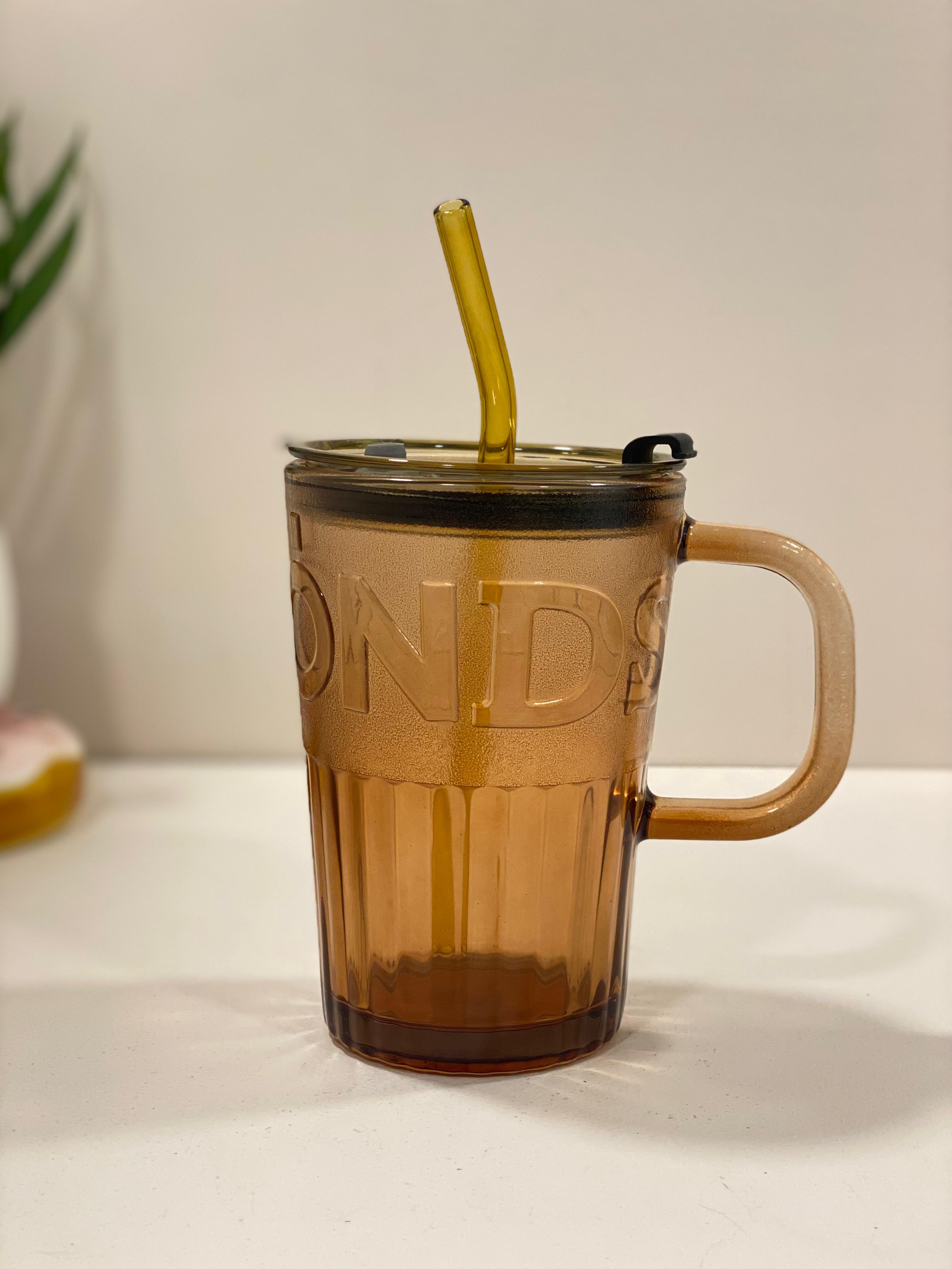 Glass Tumbler Mug with Handle, Lid & Straw – Reusable Transparent Drinking Glass for Coffee, Juice & Cold Beverages | Aesthetic Glass Cup