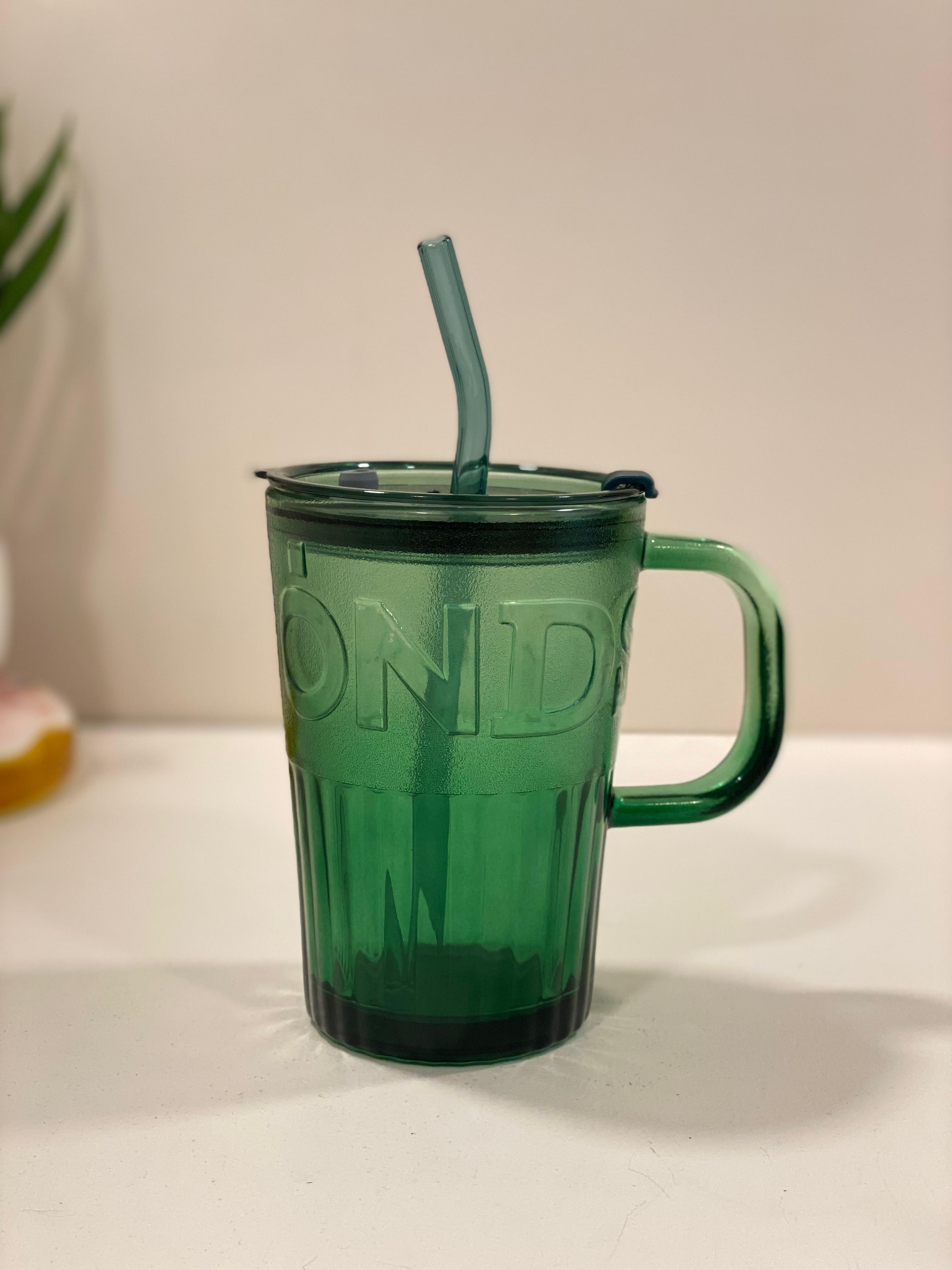 Glass Tumbler Mug with Handle, Lid & Straw – Reusable Transparent Drinking Glass for Coffee, Juice & Cold Beverages | Aesthetic Glass Cup