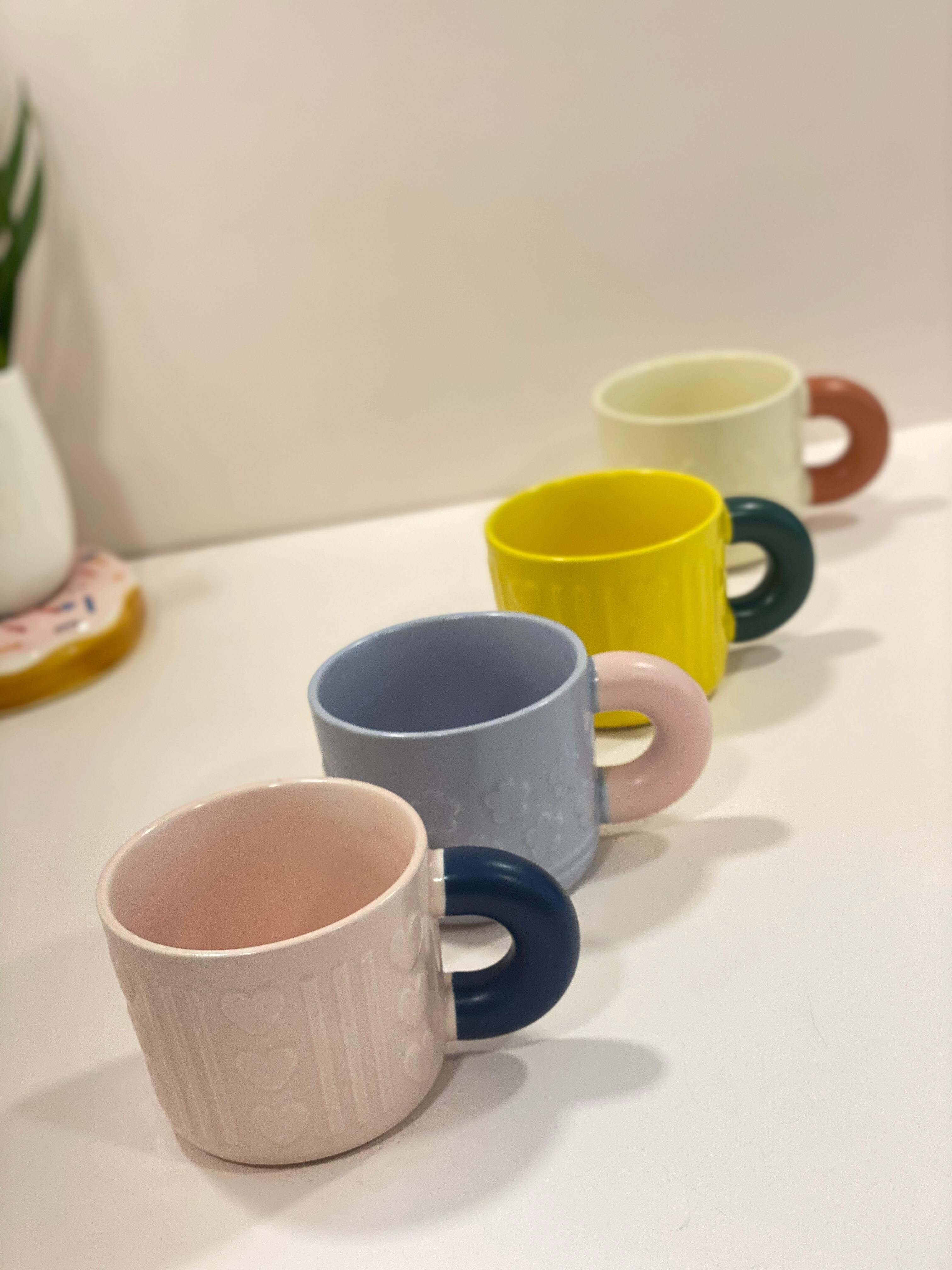 Embossed Ceramic Coffee Mug with Contrast Handle | Aesthetic Tea Cup for Home & Office | Cute Gift Mug