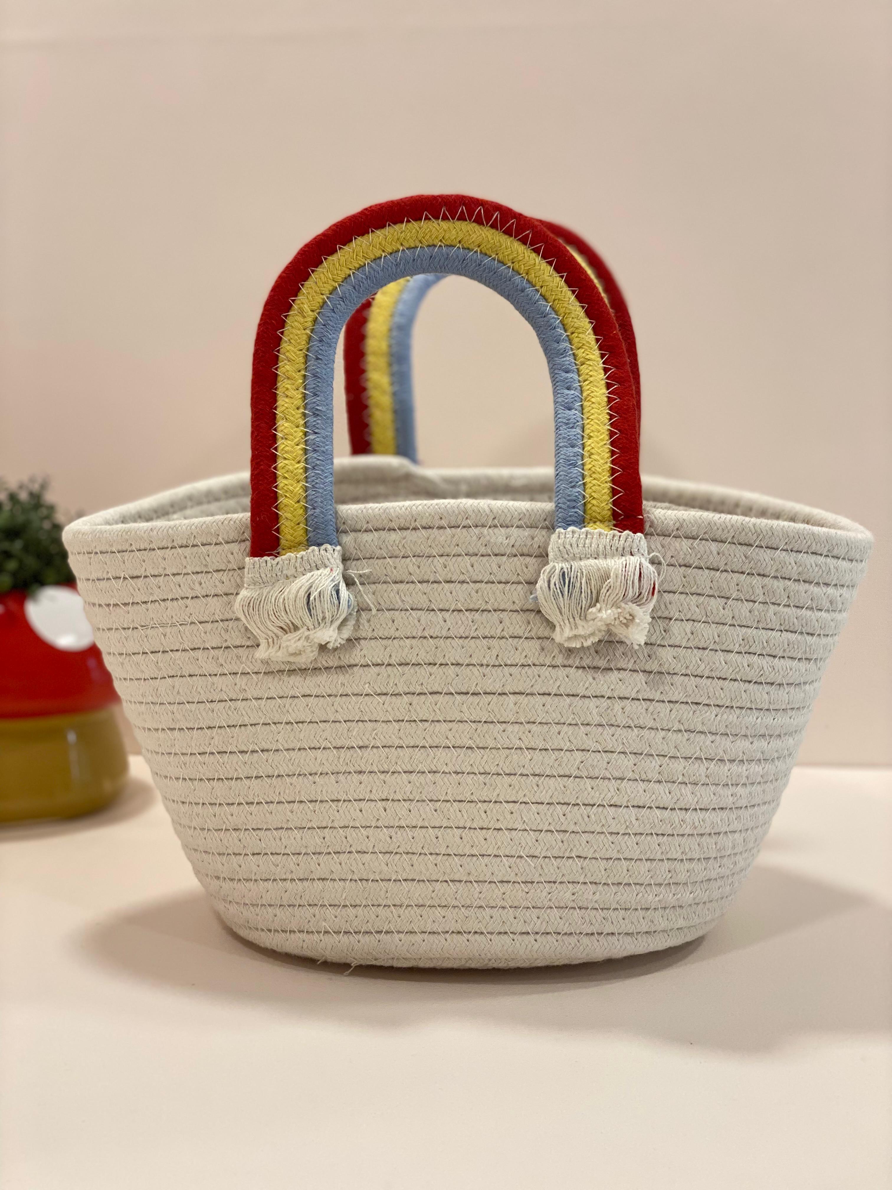 Rainbow Handle Rope Storage Basket | Cute Cotton Organizer Bucket for Kids Room | Aesthetic Gift Hamper Basket