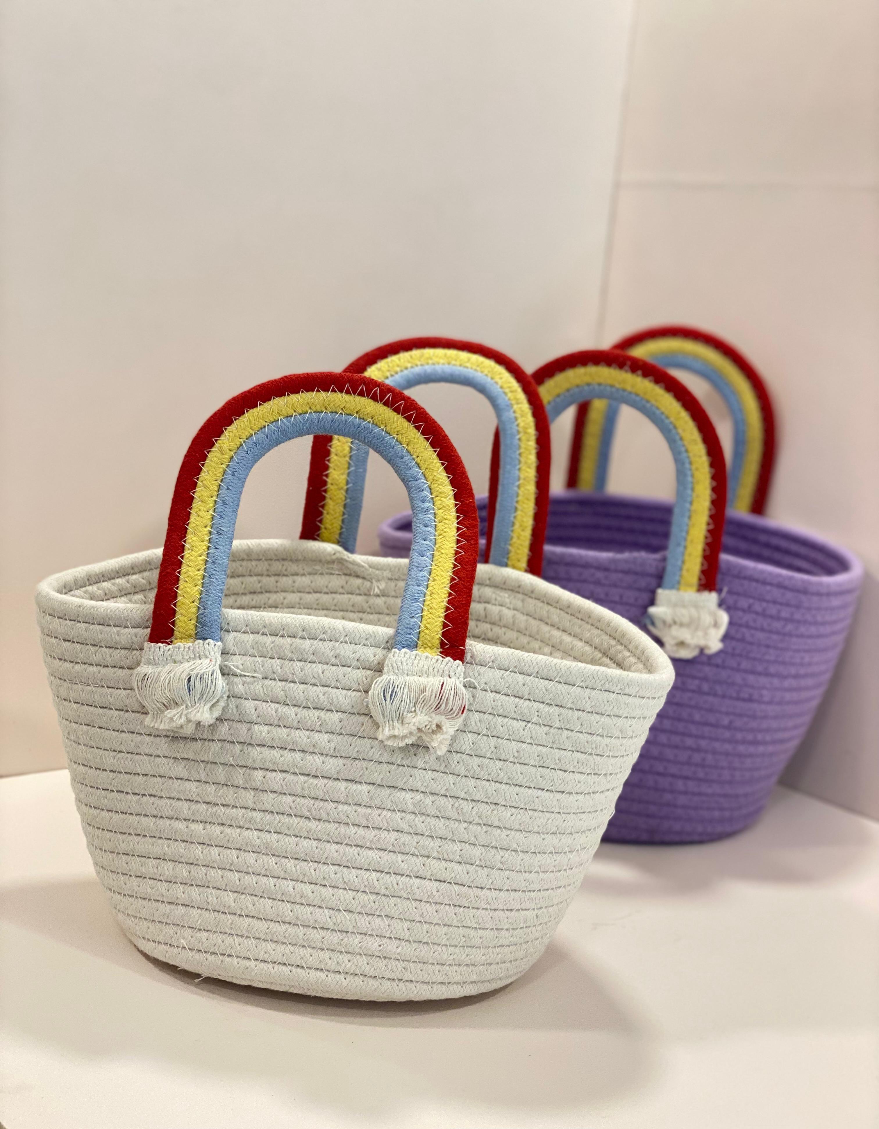 Rainbow Handle Rope Storage Basket | Cute Cotton Organizer Bucket for Kids Room | Aesthetic Gift Hamper Basket