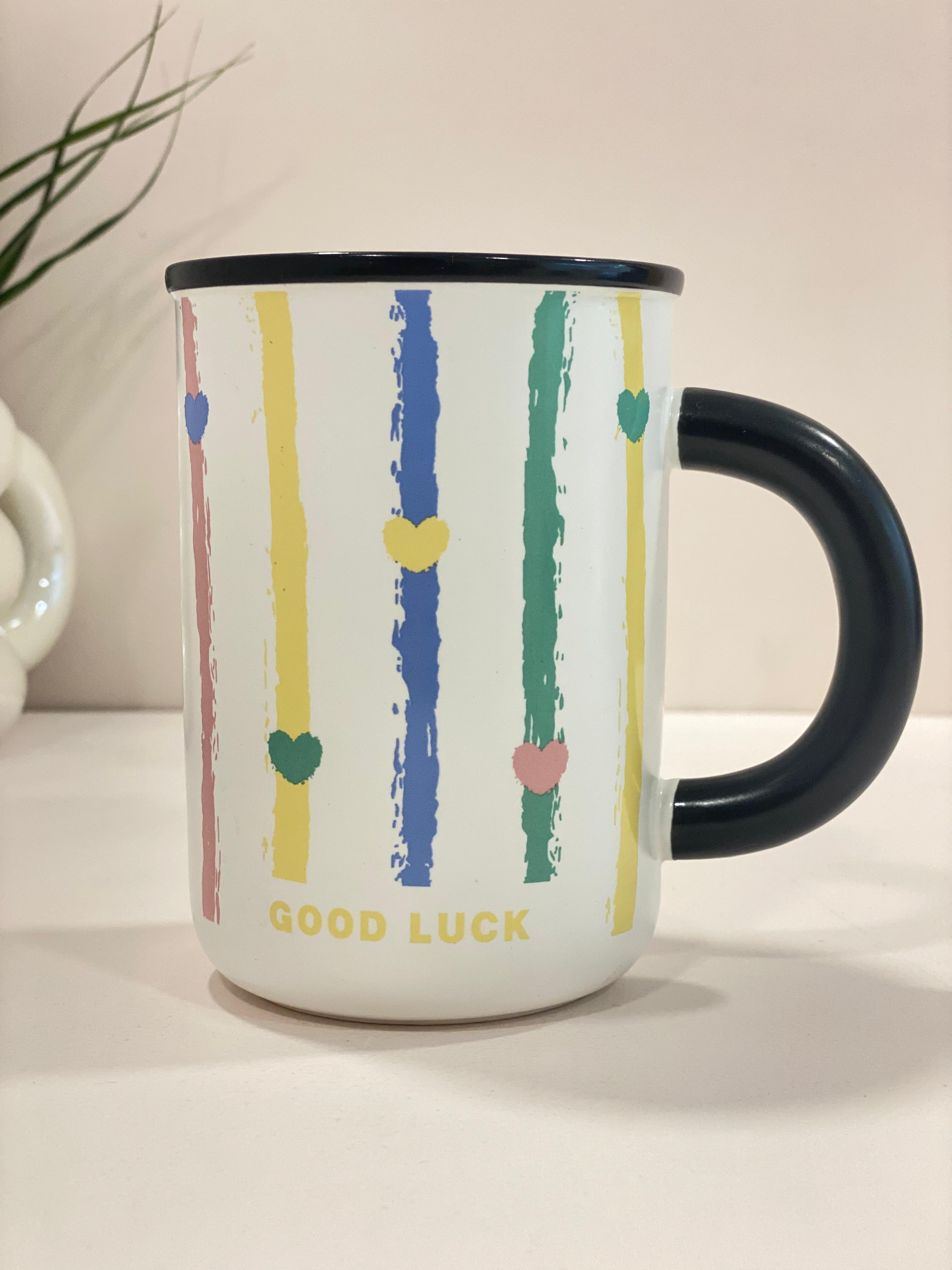 Good Luck Heart Stripe Ceramic Mug – Cute Aesthetic Coffee Mug with Colored Handle | Pastel Gift Mug for Home & Office
