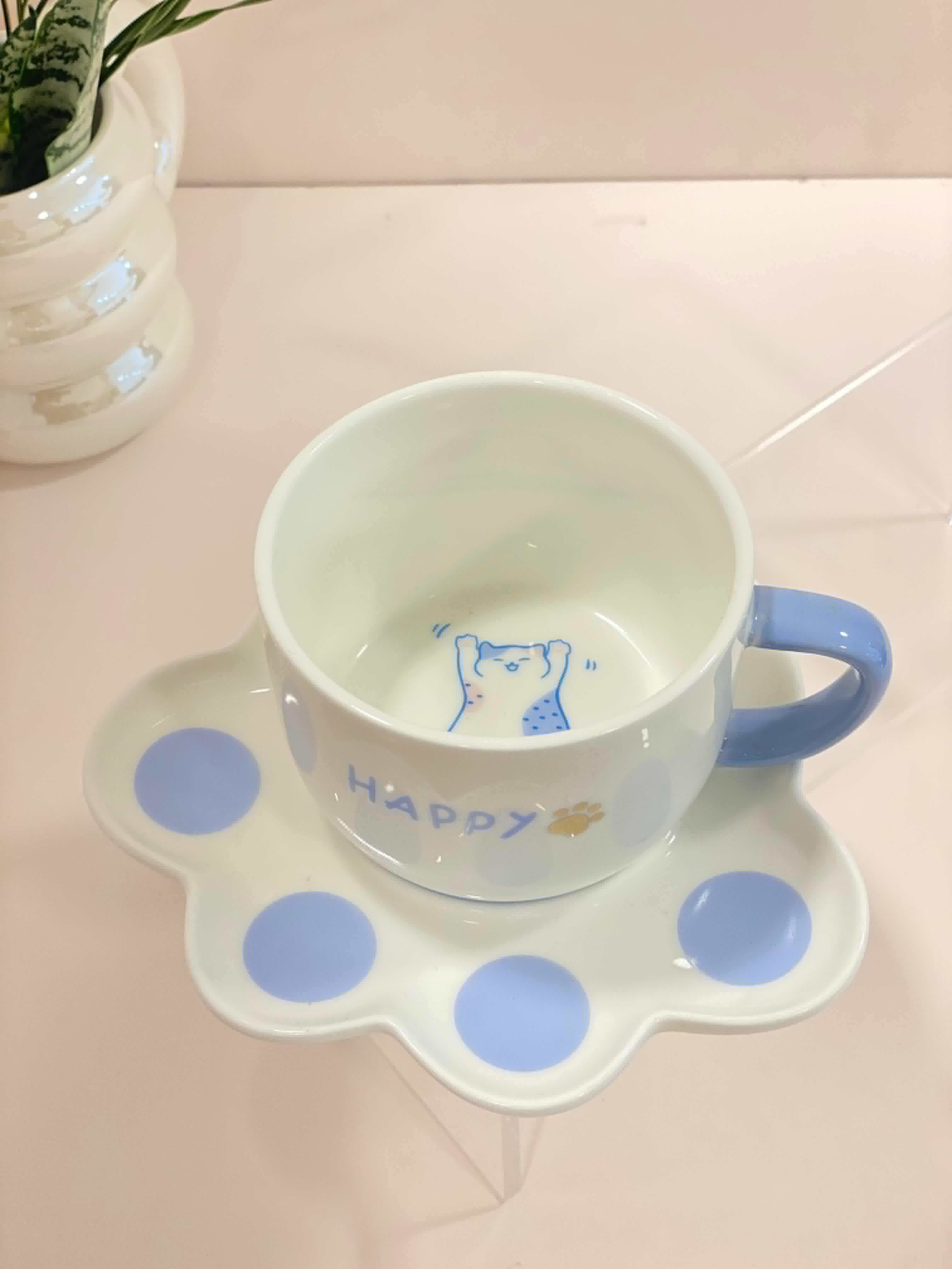 Cute Cat Paw Ceramic Cup & Saucer Set – Pastel Kawaii Coffee Mug with Paw Plate | Aesthetic Tea Cup Gift Set