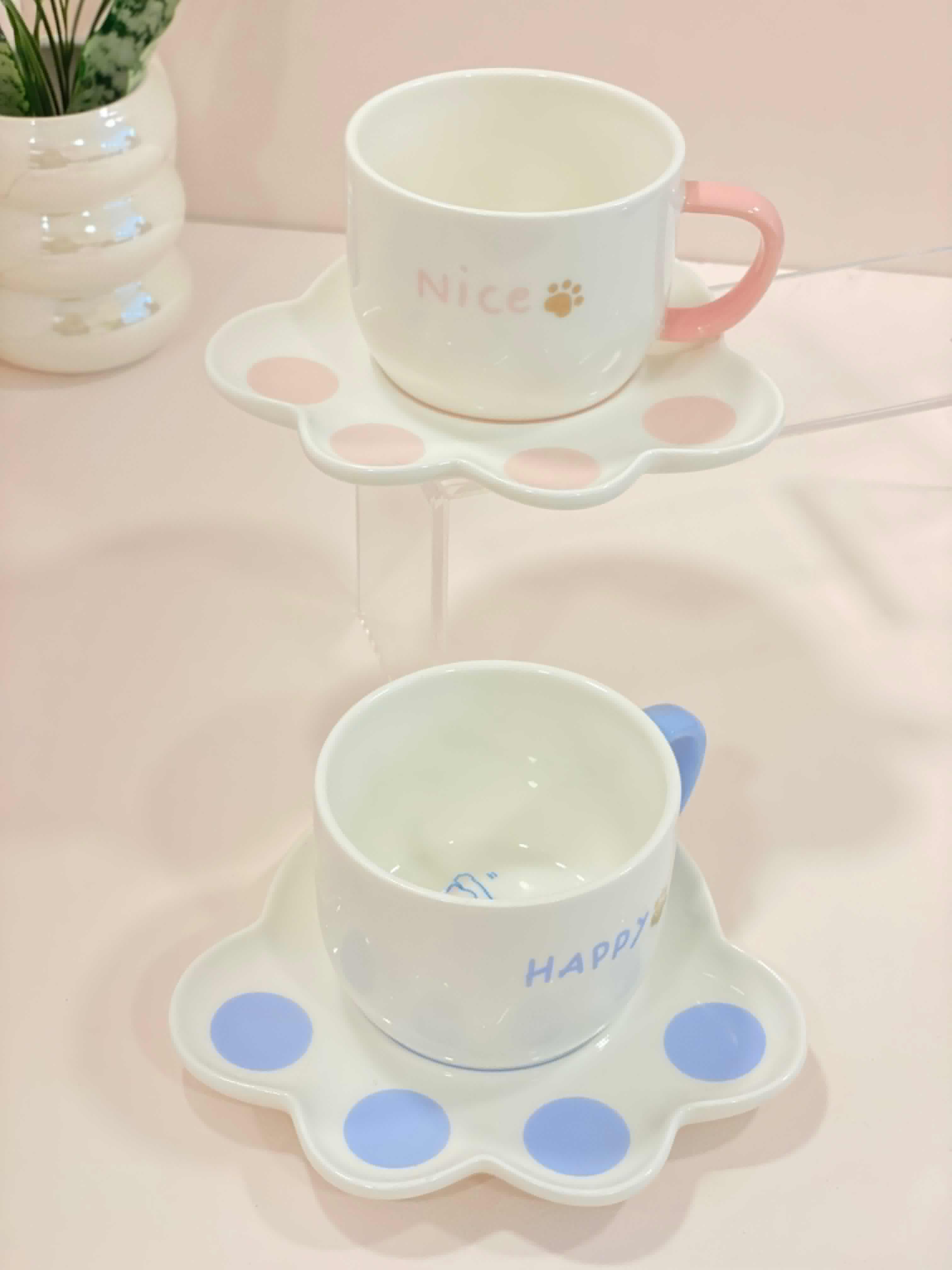 Cute Cat Paw Ceramic Cup & Saucer Set – Pastel Kawaii Coffee Mug with Paw Plate | Aesthetic Tea Cup Gift Set