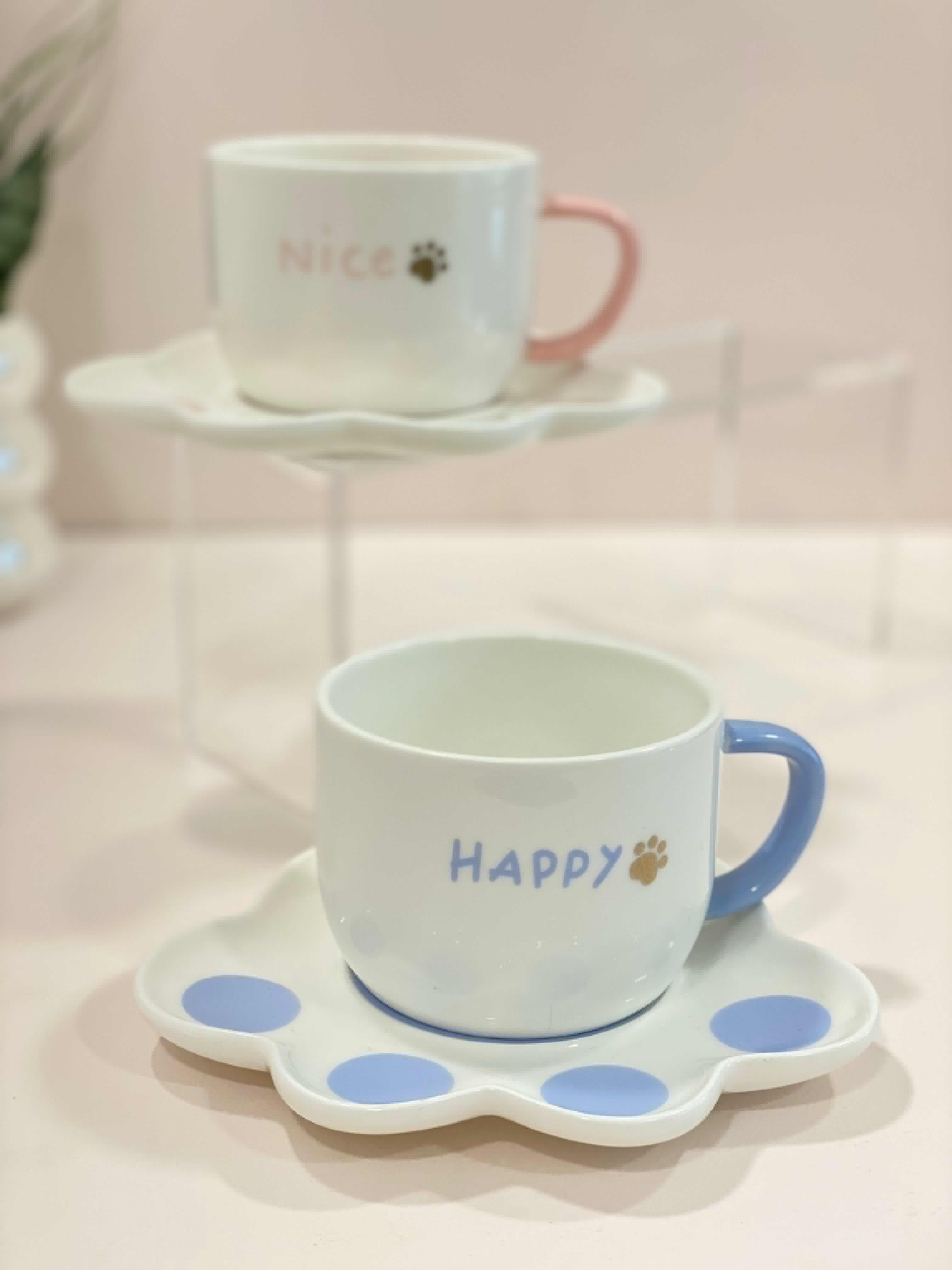 Cute Cat Paw Ceramic Cup & Saucer Set – Pastel Kawaii Coffee Mug with Paw Plate | Aesthetic Tea Cup Gift Set