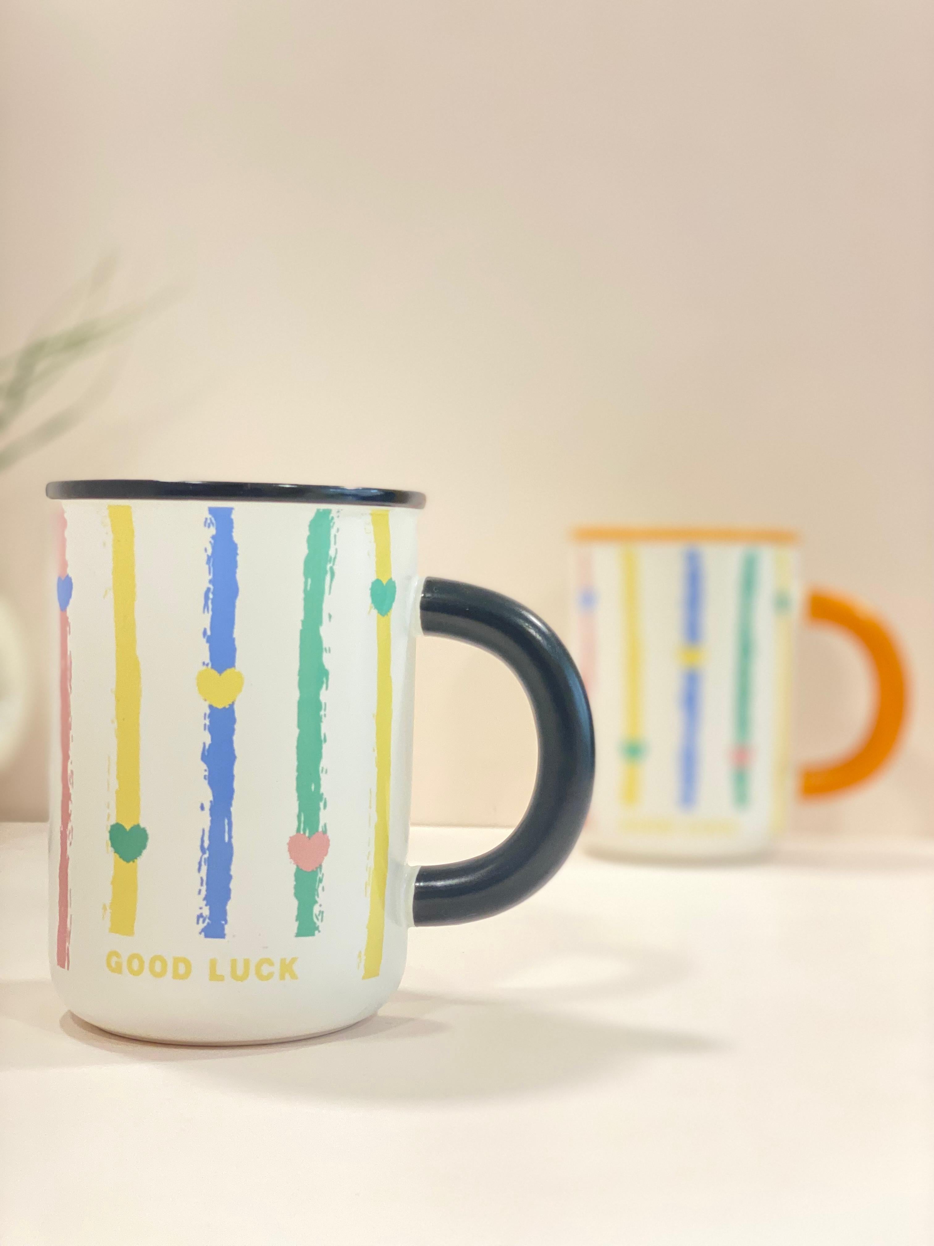 Good Luck Heart Stripe Ceramic Mug – Cute Aesthetic Coffee Mug with Colored Handle | Pastel Gift Mug for Home & Office