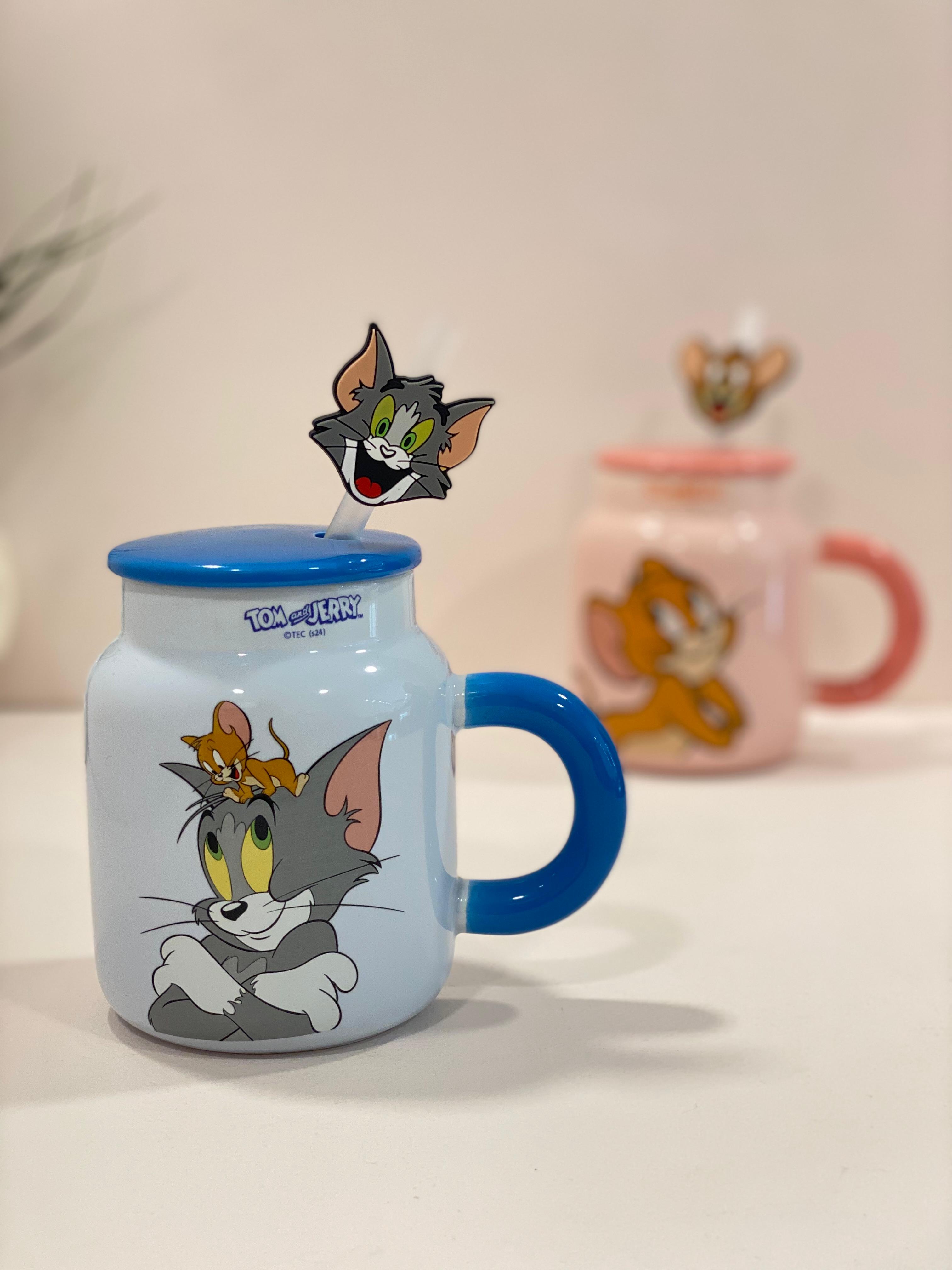 Cartoon Ceramic Mug with Lid & Straw – Cute Cartoon Character Coffee Mug | Kawaii Jerry & Tom Mug for Kids & Cartoon Lovers