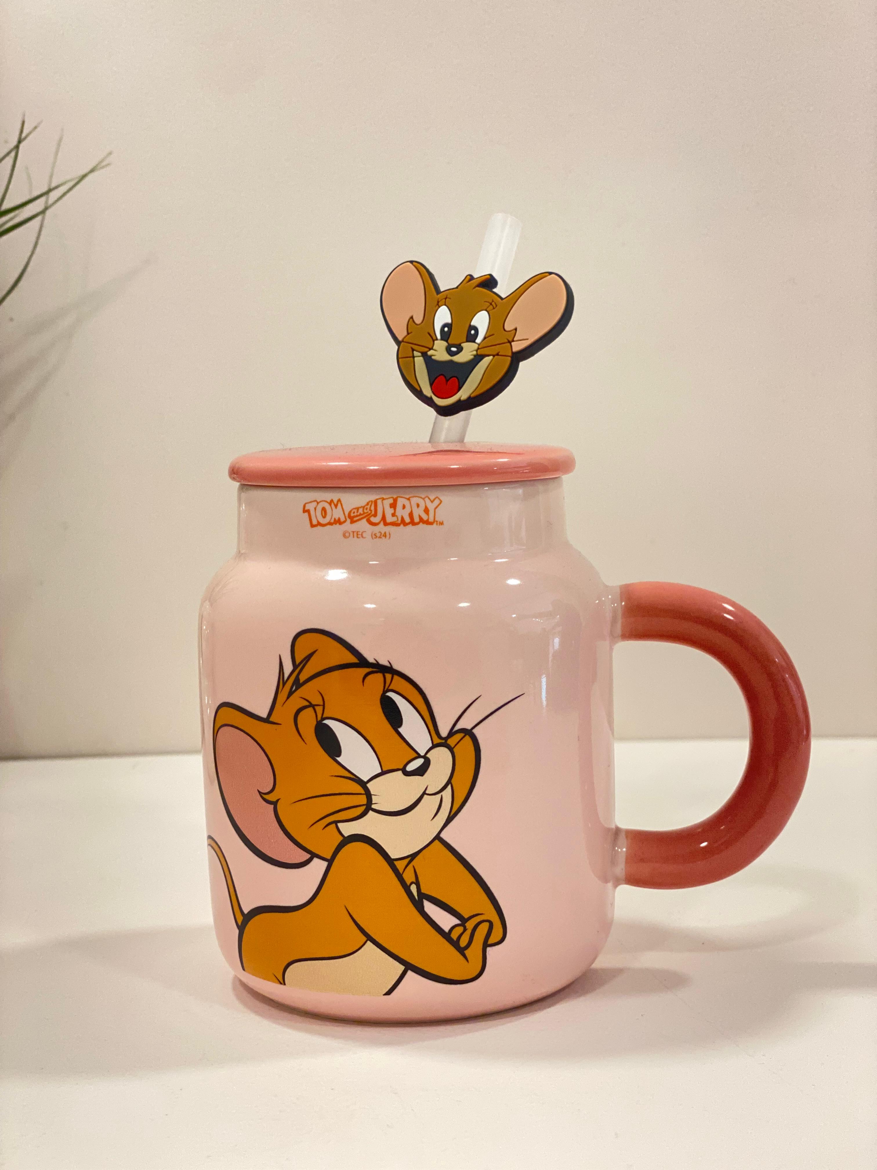 Cartoon Ceramic Mug with Lid & Straw – Cute Cartoon Character Coffee Mug | Kawaii Jerry & Tom Mug for Kids & Cartoon Lovers