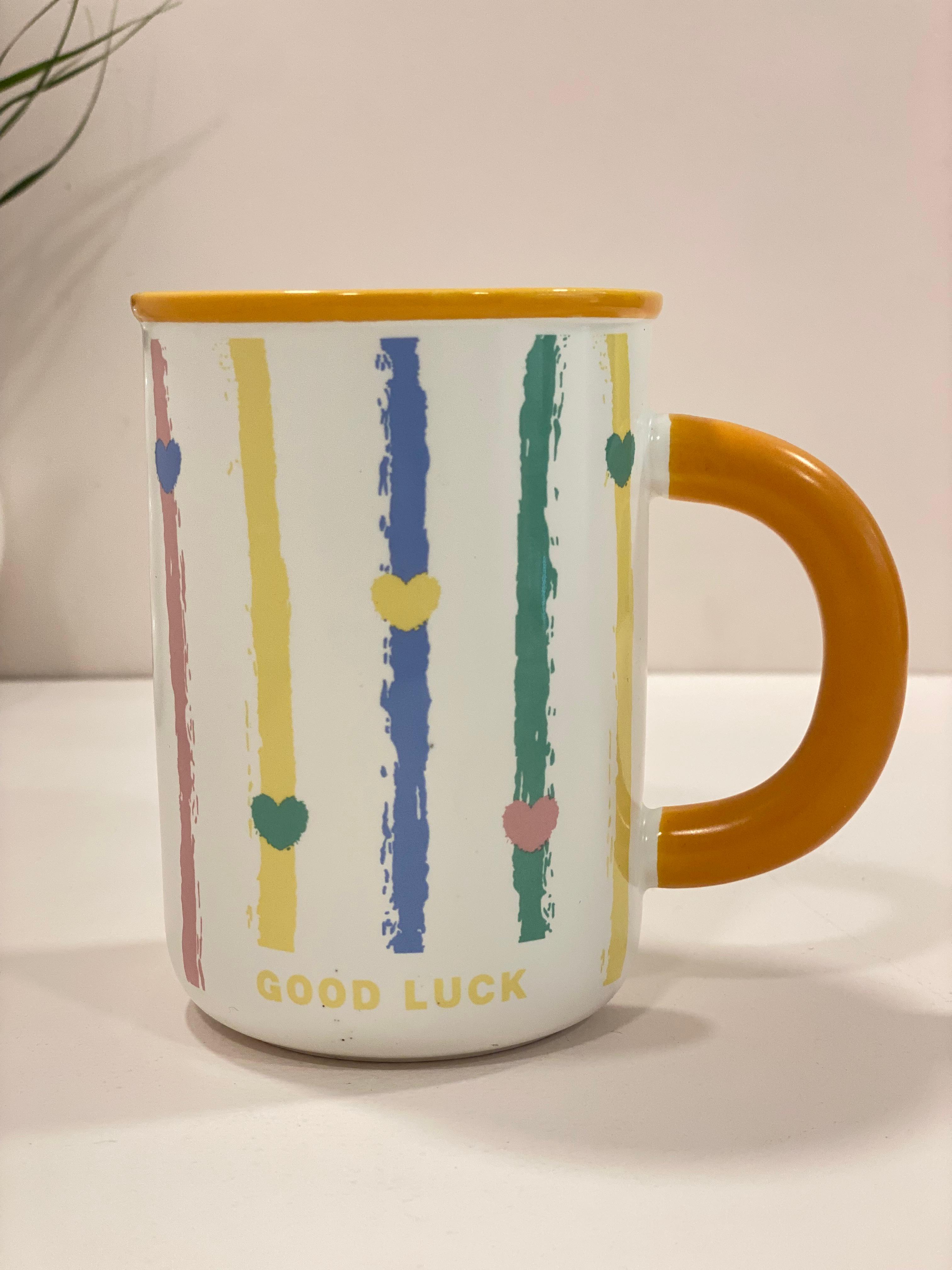 Good Luck Heart Stripe Ceramic Mug – Cute Aesthetic Coffee Mug with Colored Handle | Pastel Gift Mug for Home & Office