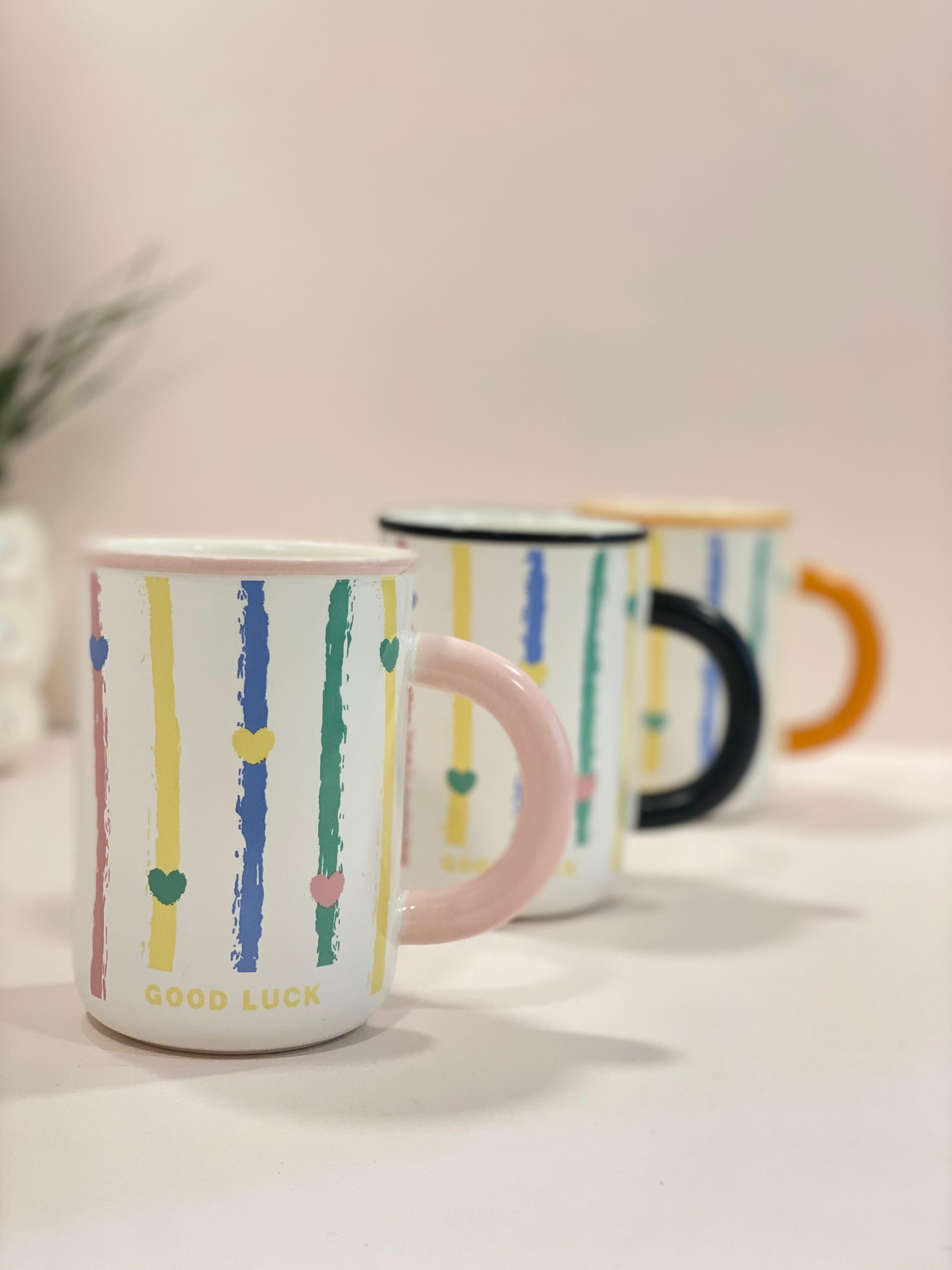 Good Luck Heart Stripe Ceramic Mug – Cute Aesthetic Coffee Mug with Colored Handle | Pastel Gift Mug for Home & Office