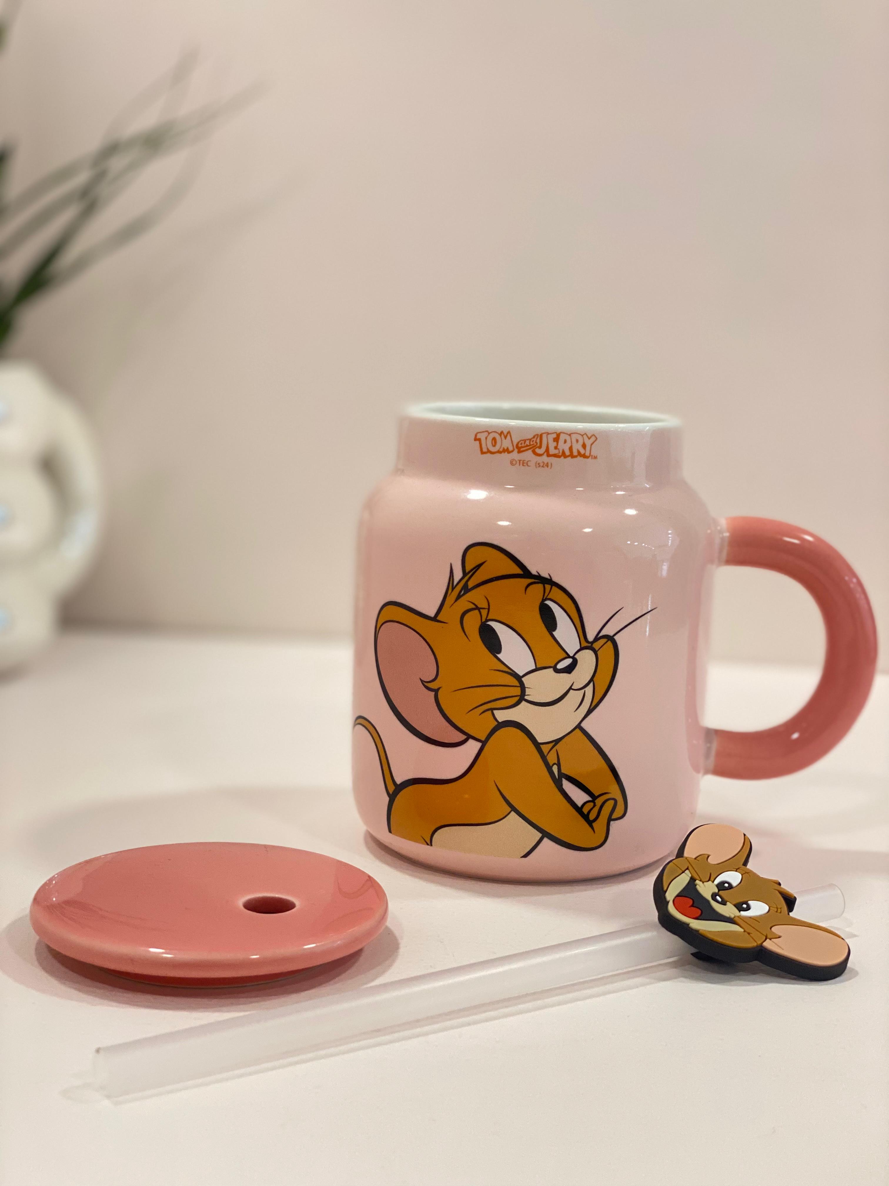 Cartoon Ceramic Mug with Lid & Straw – Cute Cartoon Character Coffee Mug | Kawaii Jerry & Tom Mug for Kids & Cartoon Lovers