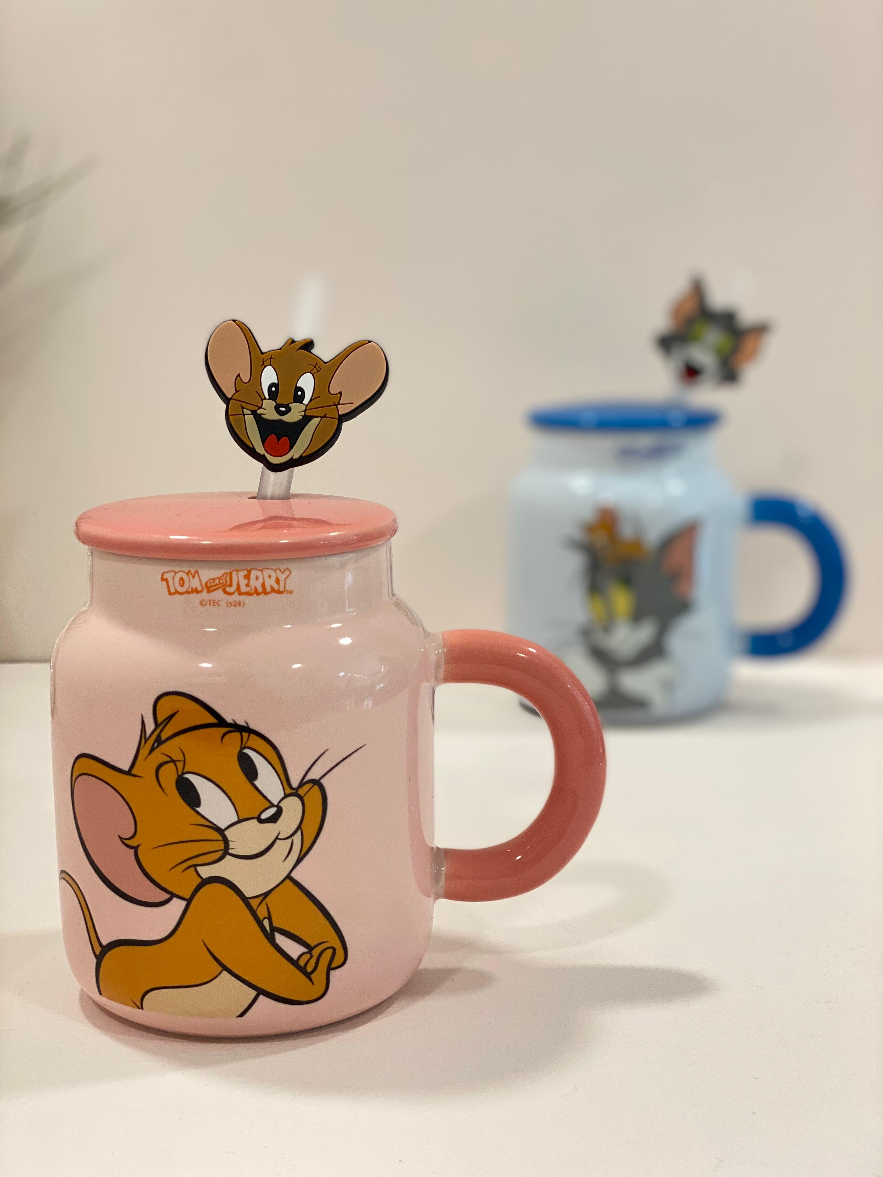 Cartoon Ceramic Mug with Lid & Straw – Cute Cartoon Character Coffee Mug | Kawaii Jerry & Tom Mug for Kids & Cartoon Lovers