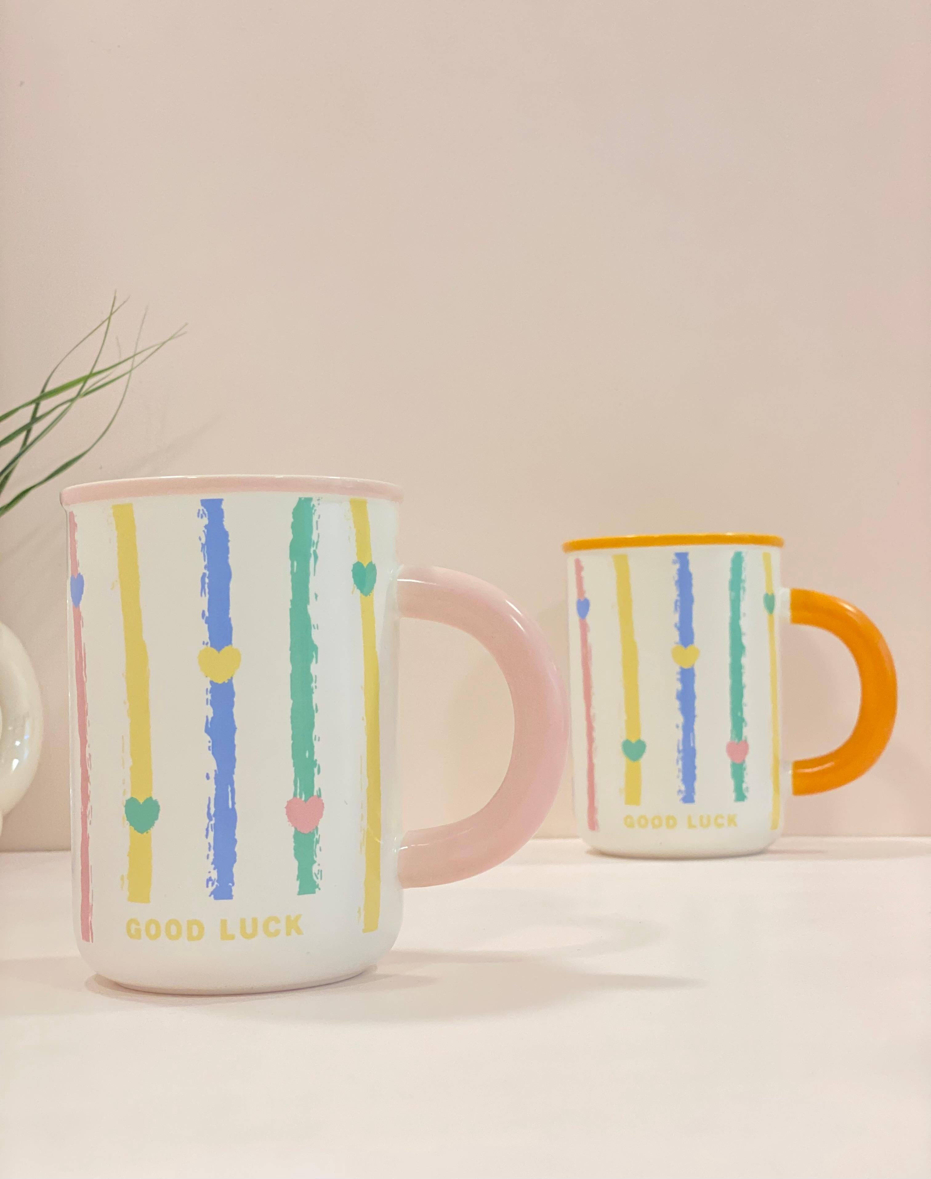 Good Luck Heart Stripe Ceramic Mug – Cute Aesthetic Coffee Mug with Colored Handle | Pastel Gift Mug for Home & Office